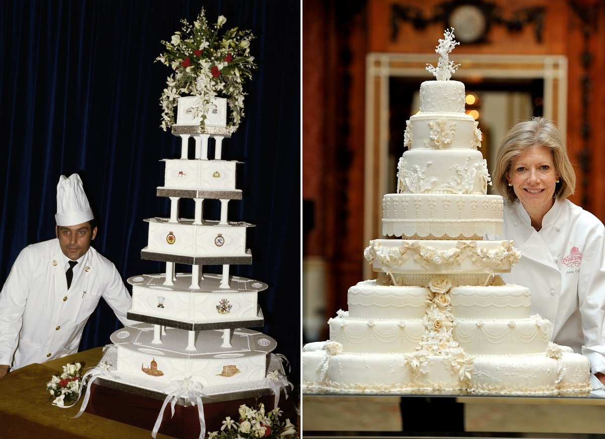 (L) Wedding cake served at Prince Charles and Princess Diana's reception, (R) Wedding cake served at Prince William and Kate Middleton's reception