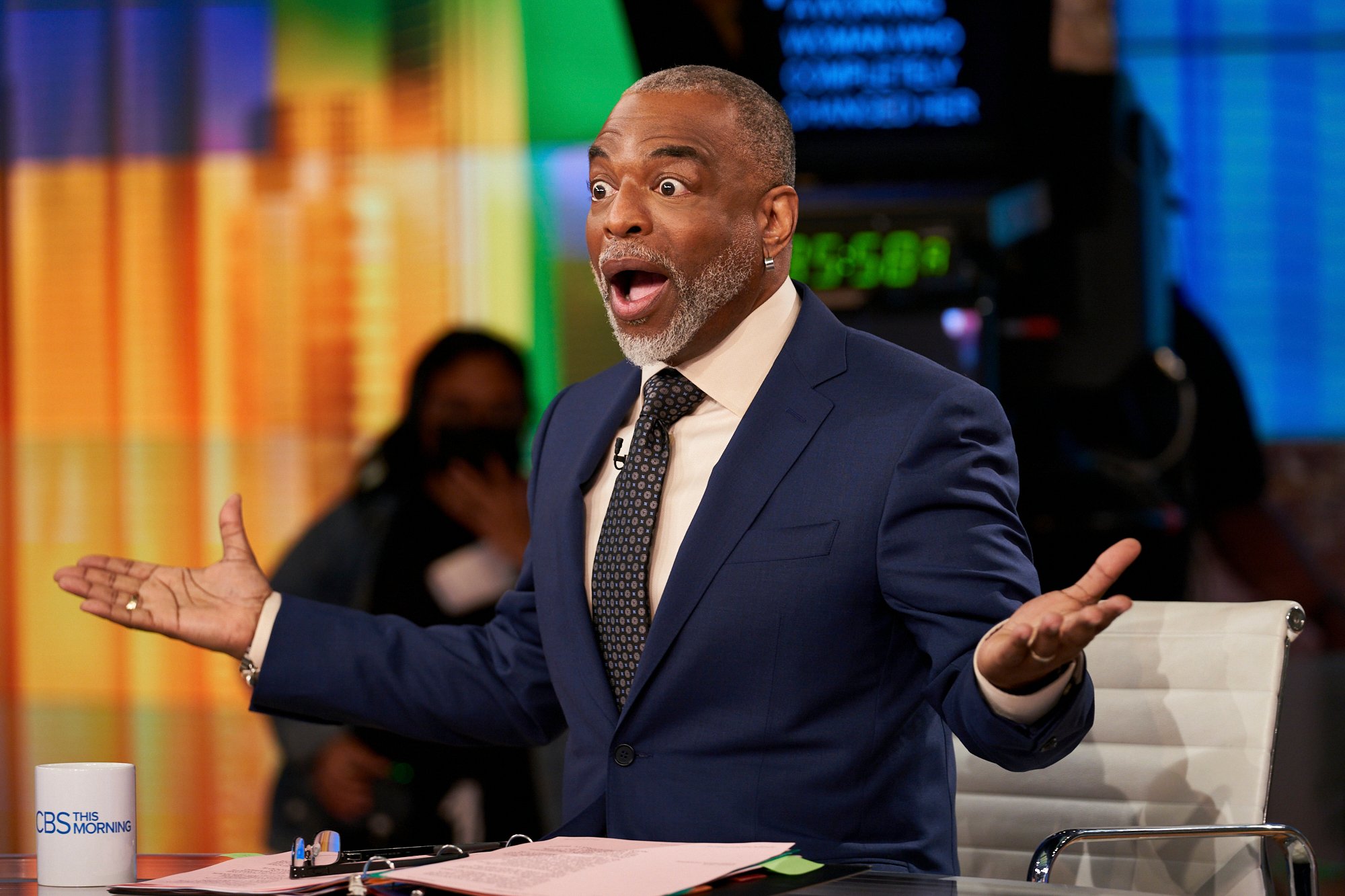 Actor LeVar Burton wears a suit and a mock surprise expression with his arms outstretched as he guest-hosts 'CBS This Morning' in May, 2021