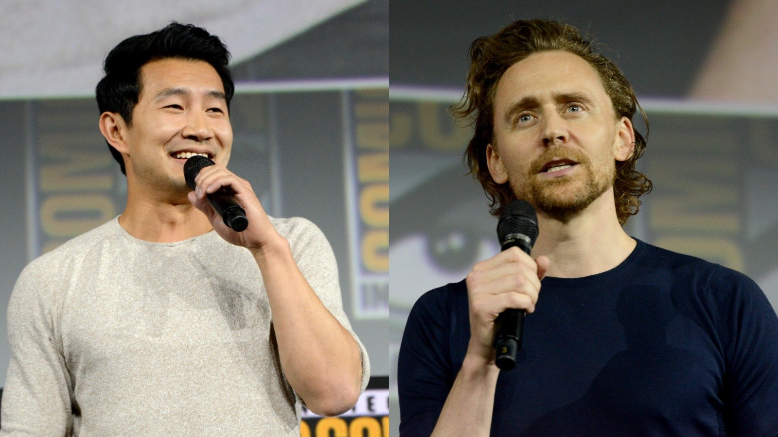 (L-R): Simu Liu holds a microphone on-stage at Comic-Con; Tom Hiddleston holds a microphone at Comic-Con 2019
