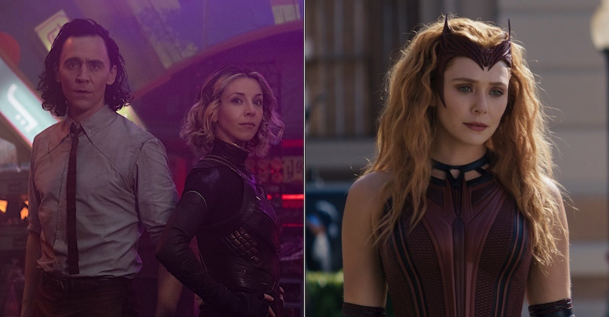Tom Hiddleston and Sophia Di Martino in 'Loki' (L), Elizabeth Olsen in 'WandaVision' (R). Hiddleston wears a shirt and tie as Loki and Di Martino wears a green and black and gold suit as Sylvie. Olsen wears her maroon Scarlet Witch uniform and headdress.