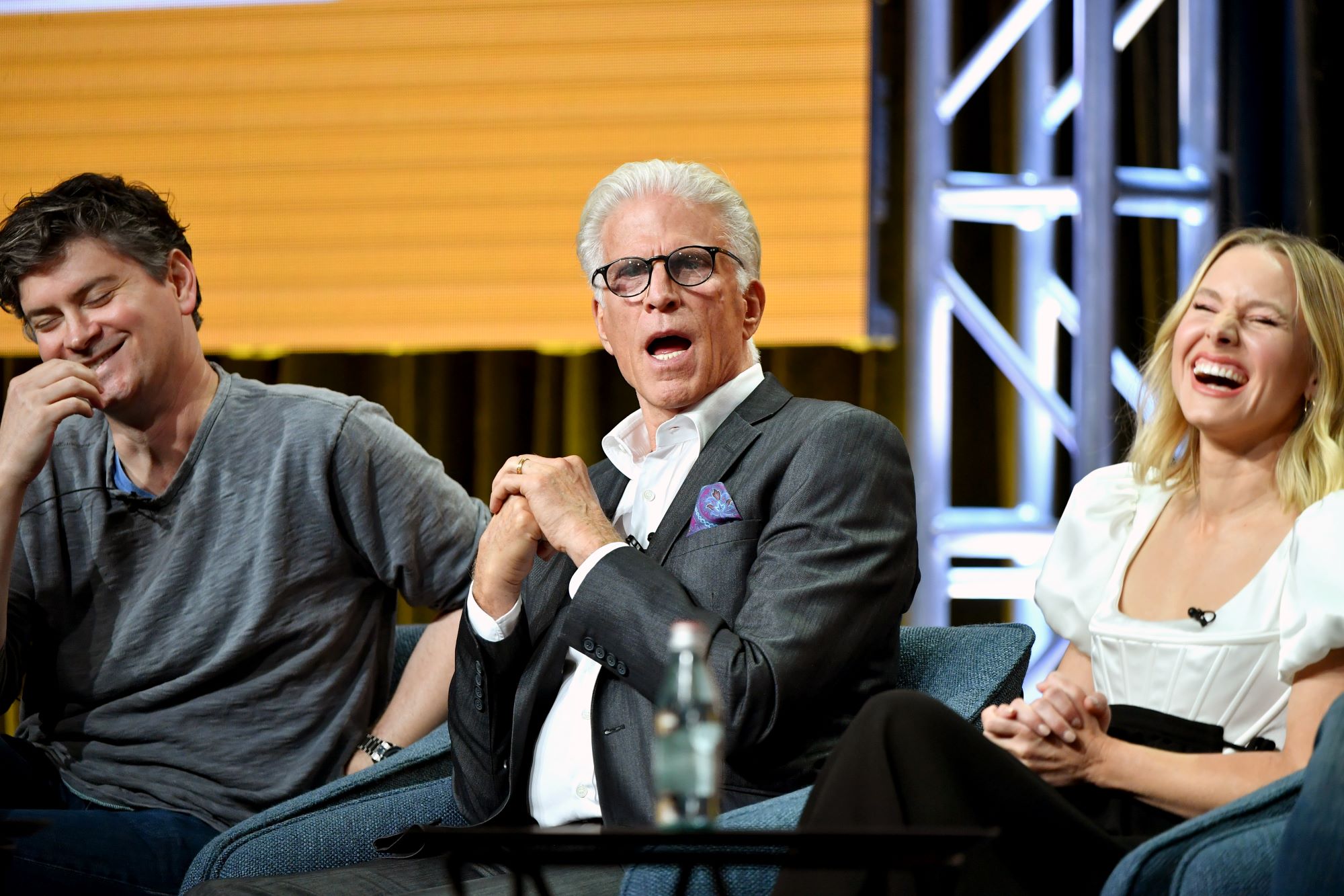 Michael Schur, Ted Danson, and Kristen Bell of 'The Good Place' speaking at an NBC 2019 Summer TCA Press Tour segment