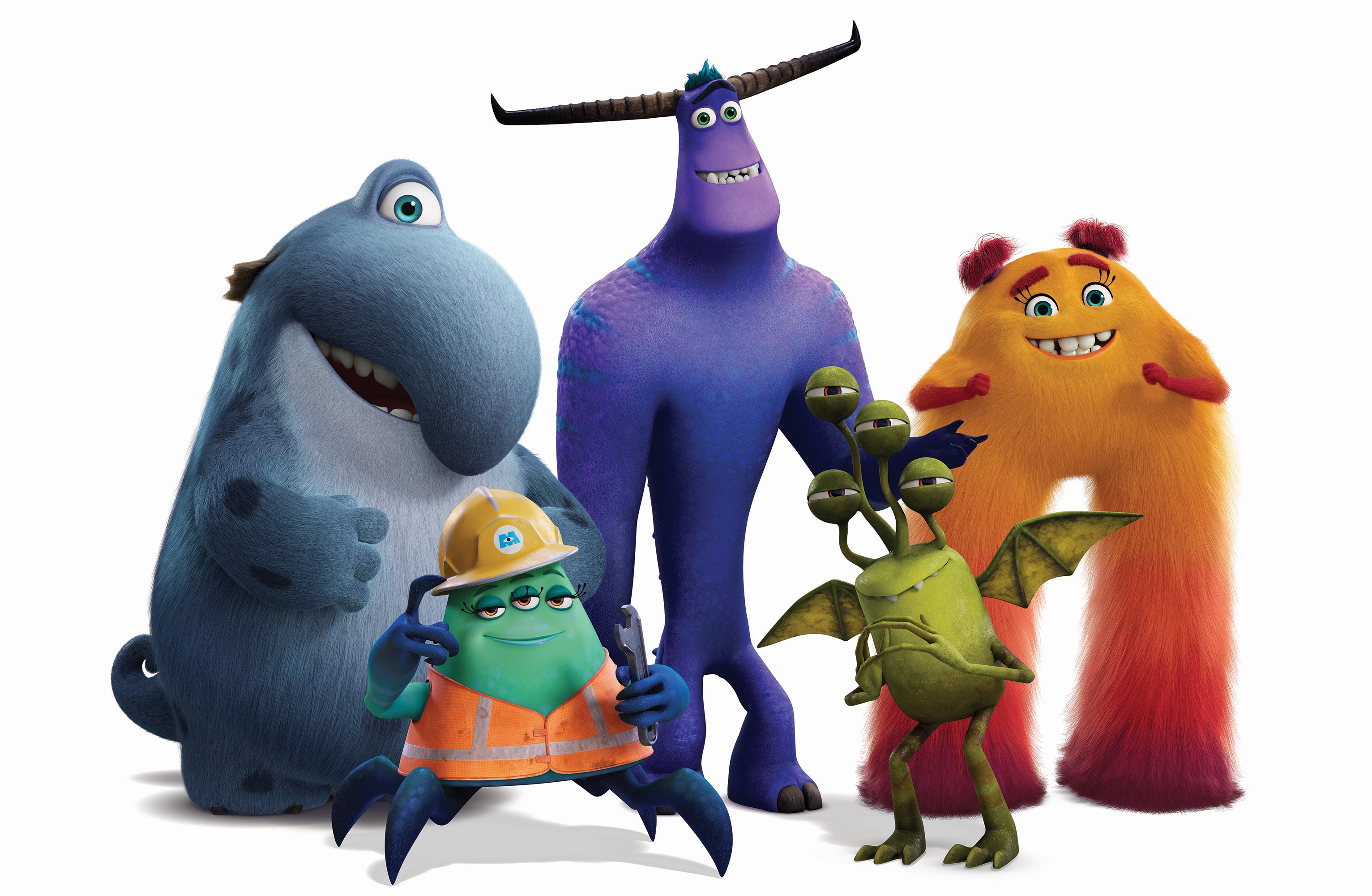 Disney and Pixars Monsters Inc Sequel series, Monsters at Work character art with Fritz, Cutter, Tylor, Duncan, and Val