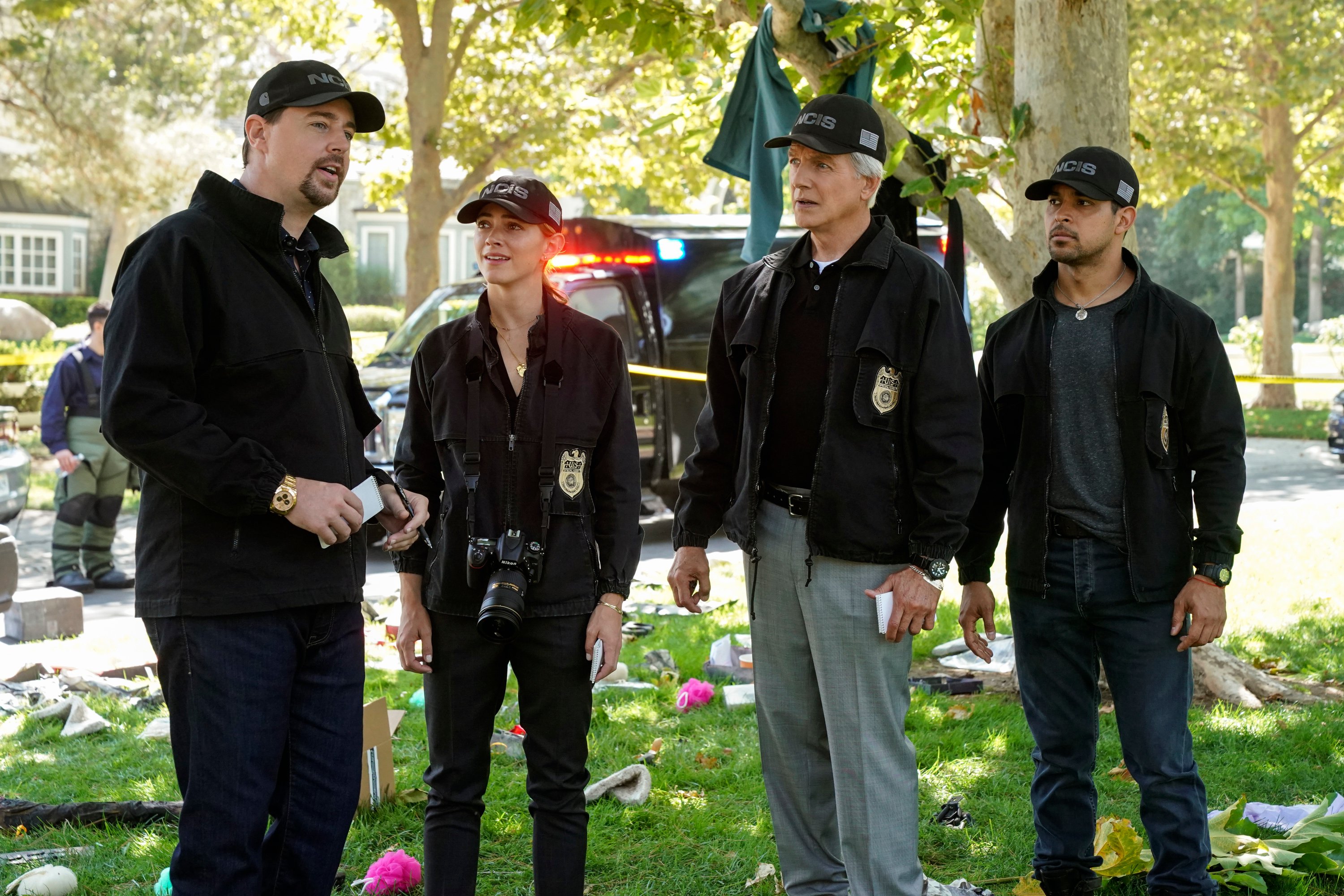 Sean Murray, Emily Wickersham, Mark Harmon, and Wilmer Valderrama during a scene on 'NCIS.'