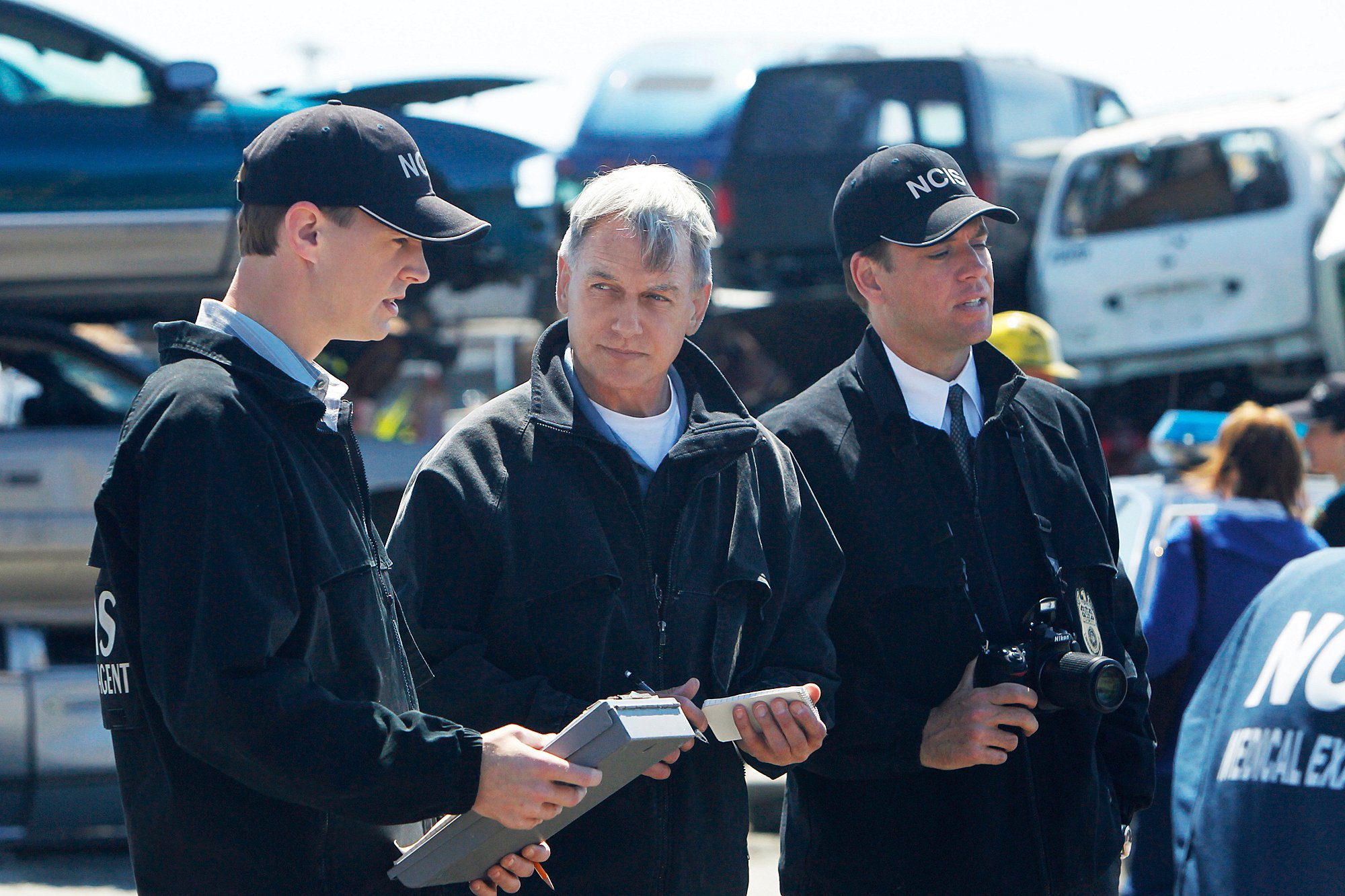 Sean Murray as Special Agent Timothy McGee, Mark Harmon as Special Agent Leroy Jethro Gibbs, and Michael Weatherly as Special Agent Tony DiNozzo on 'NCIS'