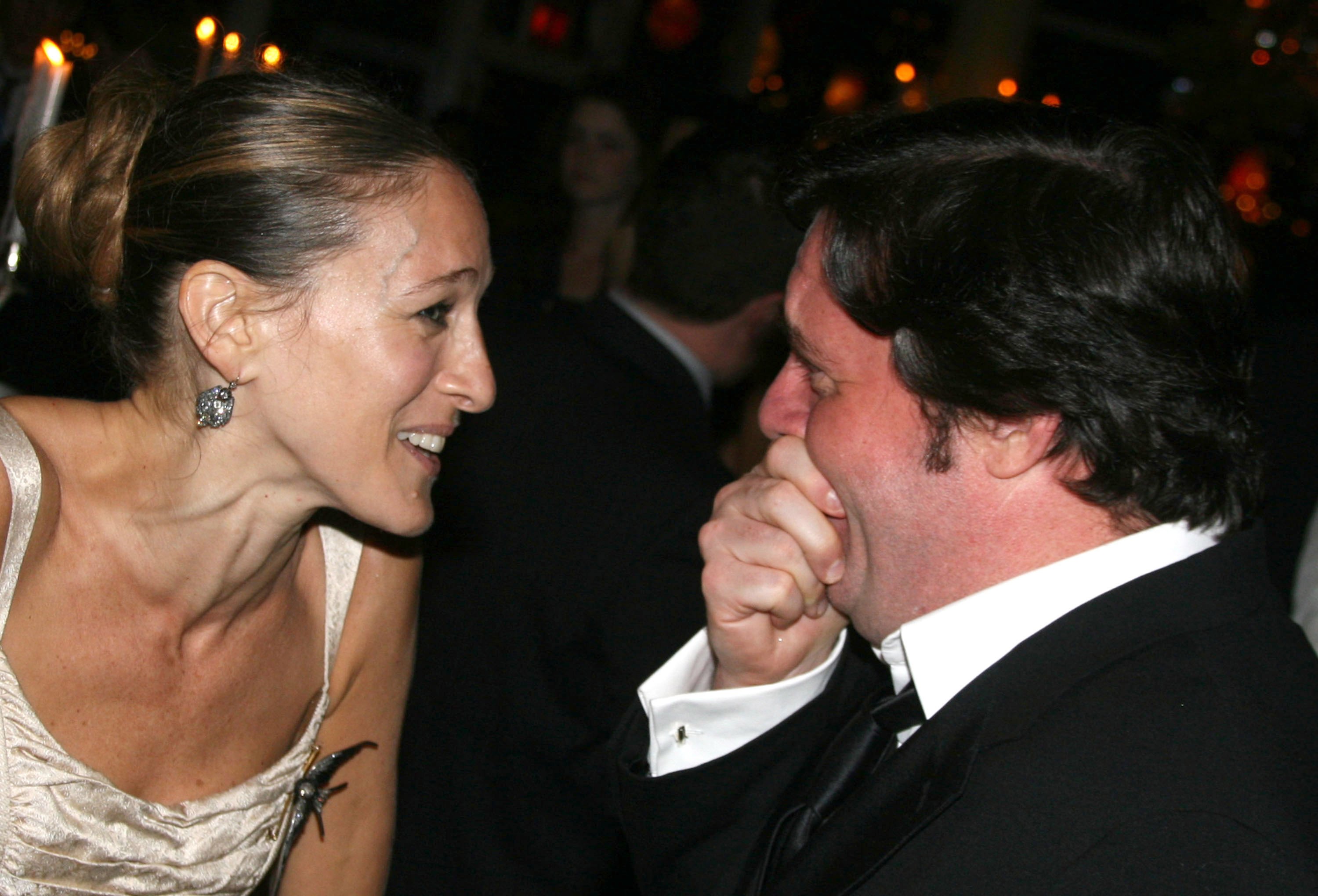 Sarah Jessica Parker and Nathan Lane chat during the opening of 'Martin Short: Fame Becomes Me' in New York
