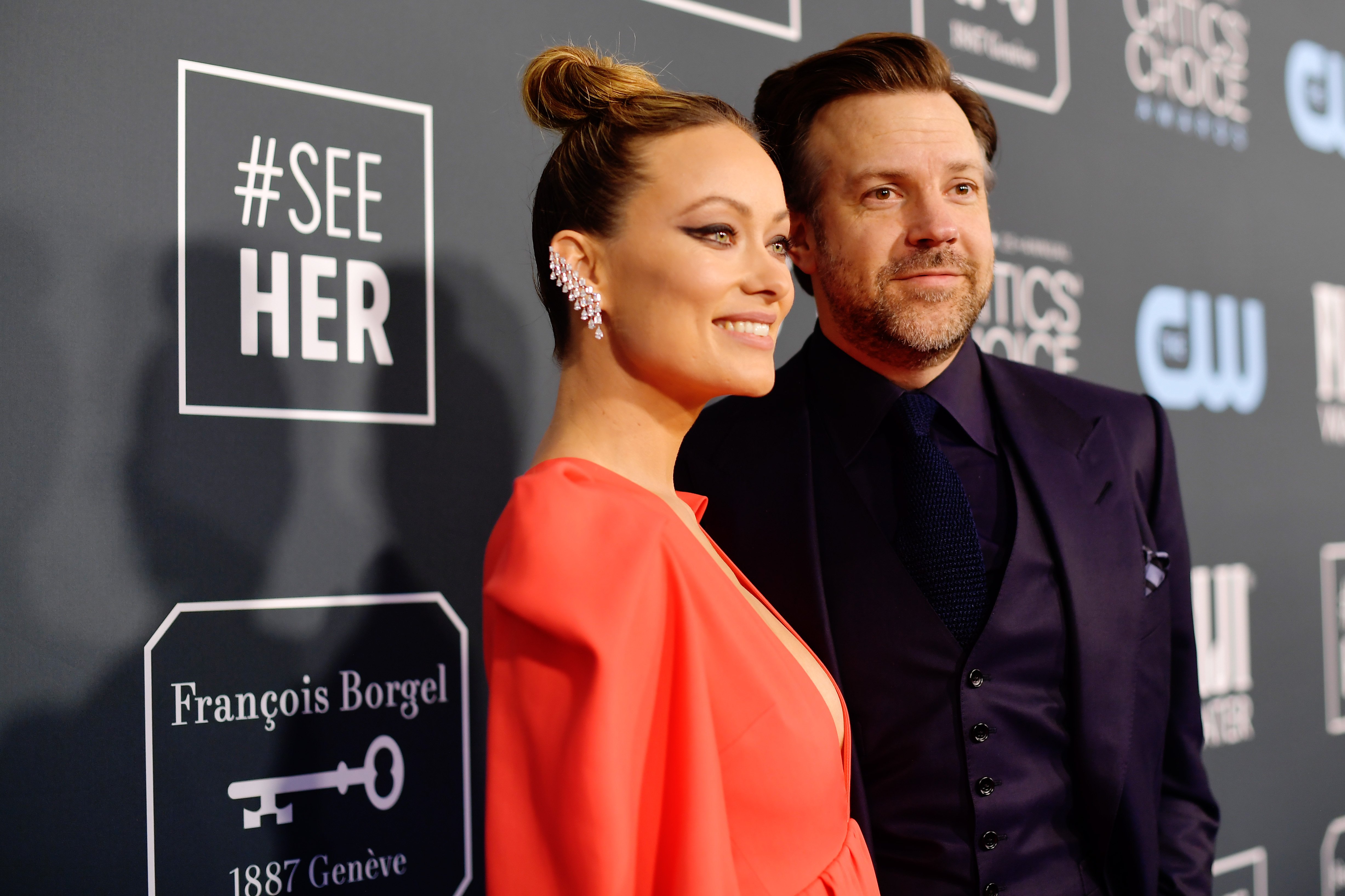 Olivia Wilde and Jason Sudeikis on the red carpet at the 2020 Critics Choice Awards