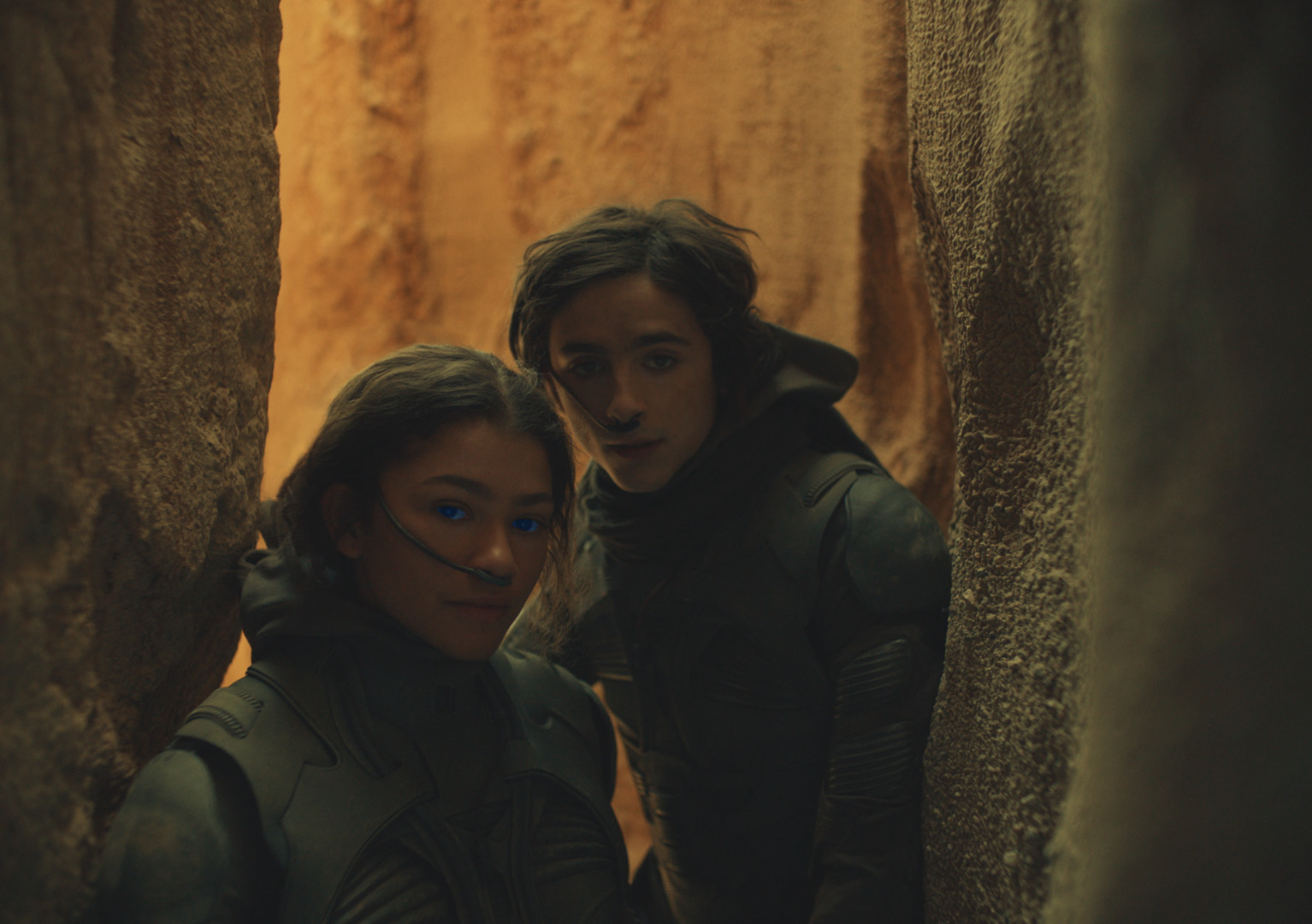 Zendaya and Timothée Chalamet stand in a desert cavern in Denis Villeneuve's Dune movie