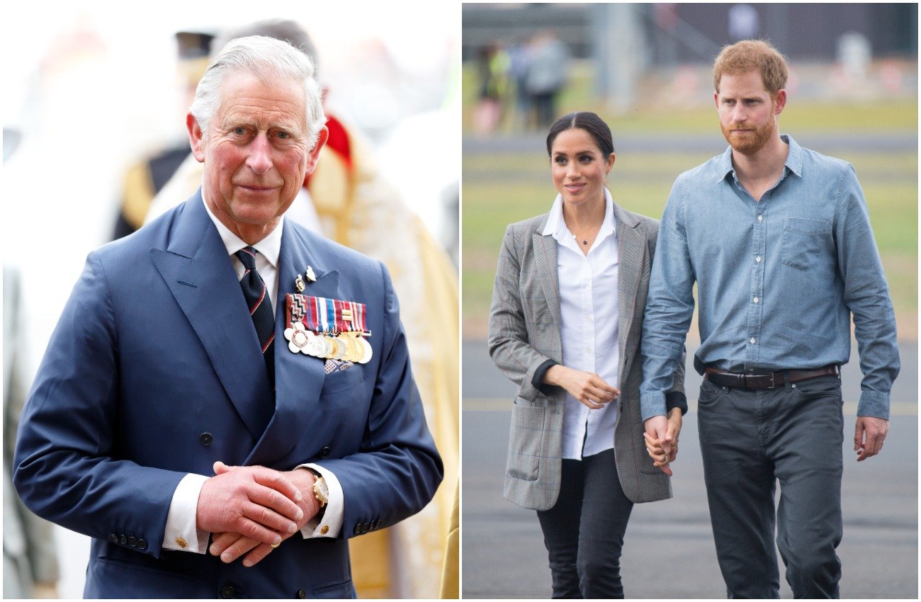 Photo of Prince Charles next to photo of Meghan Markle and Prince Harry