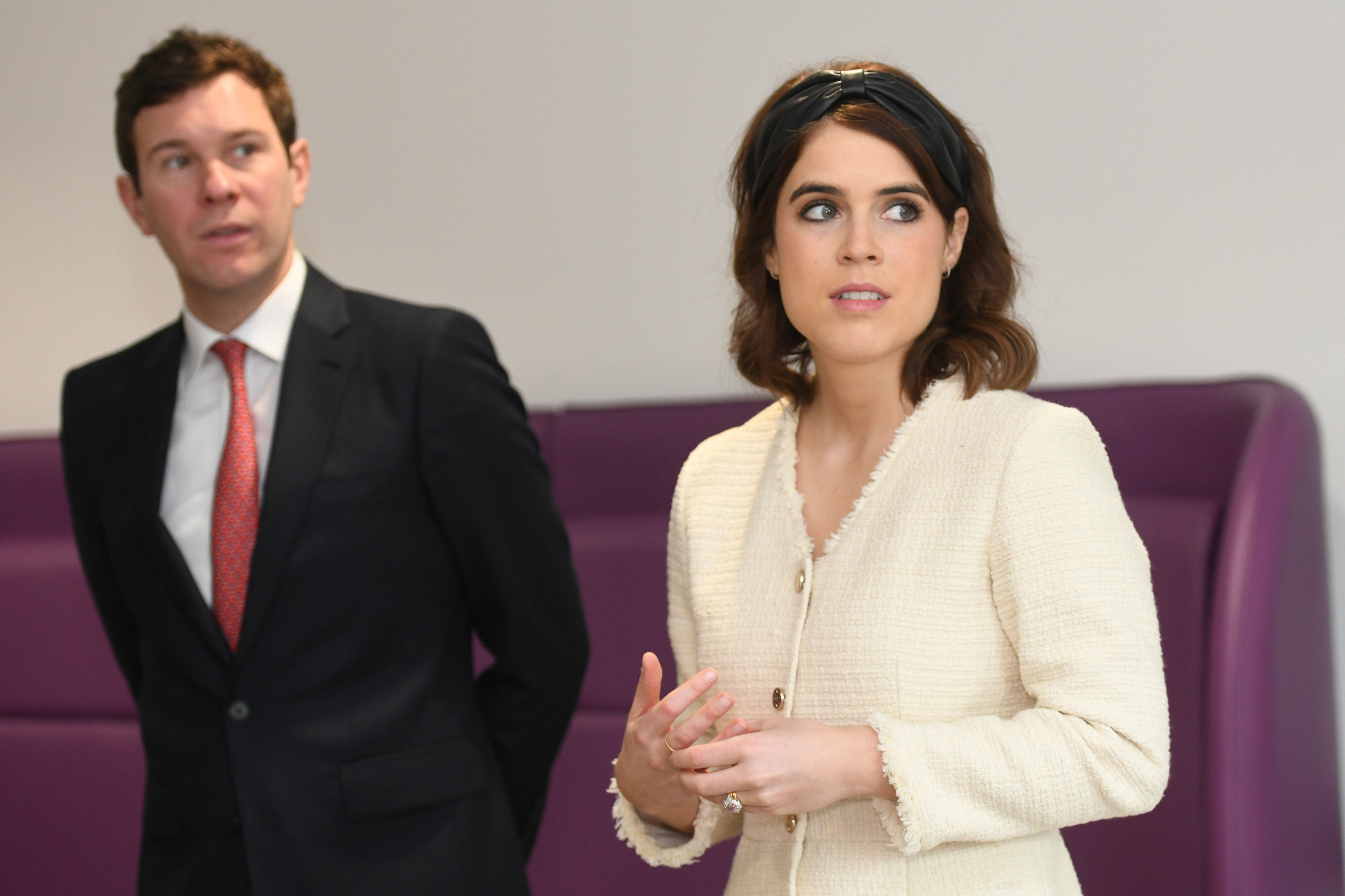 Princess Eugenie and Jack Brooksbank side-by-side during a visit to the Royal National Orthopaedic Hospital