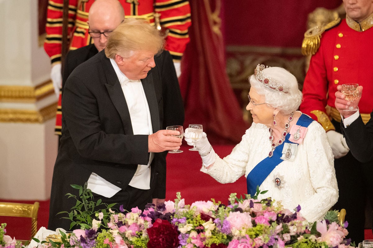Former U.S. President Donald Trump and Queen Elizabeth II make a toast during a State Banquet at Buckingham Palace on June 3, 2019 in London, England.