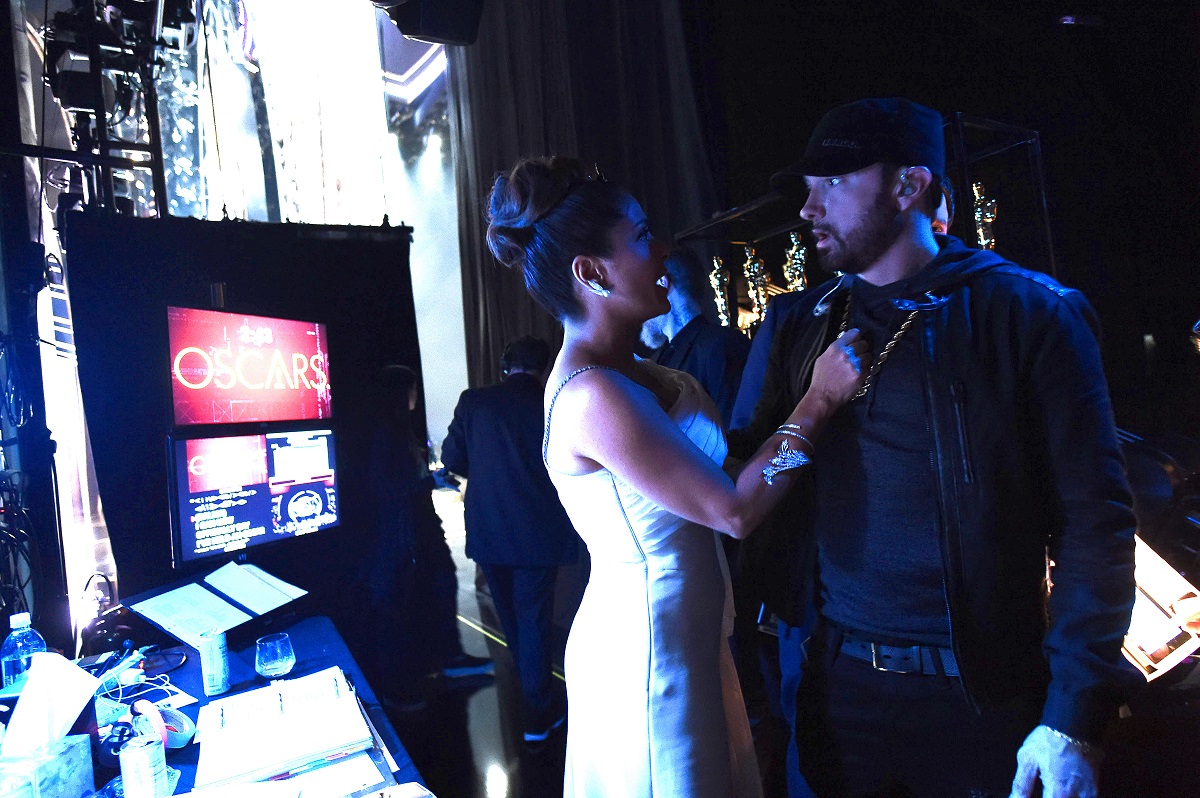 Salma Hayek and Eminem run into each other backstage at the 92nd Annual Academy Awards
