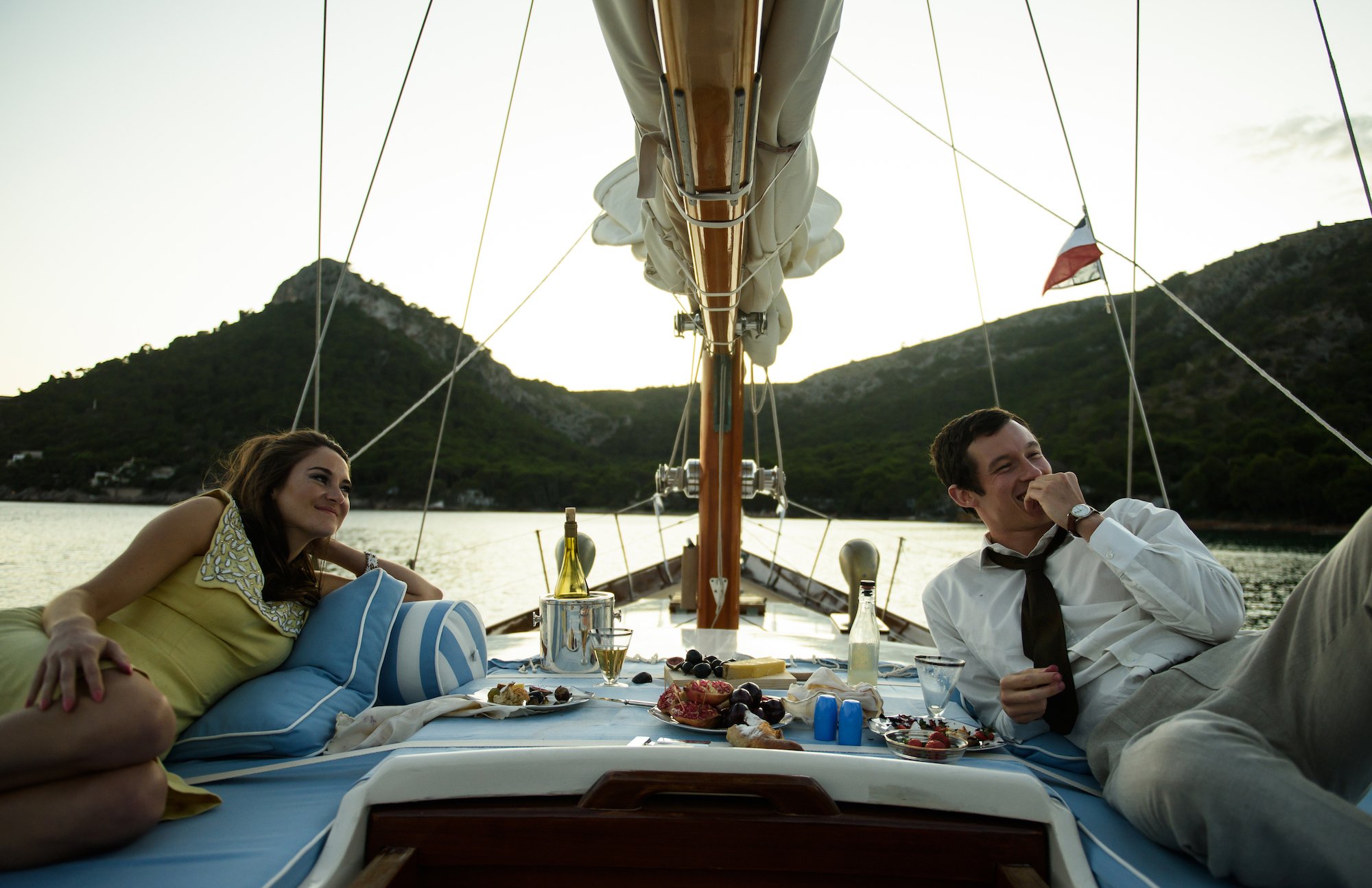 Shailene Woodley and Callum Turner have lunch on a boat