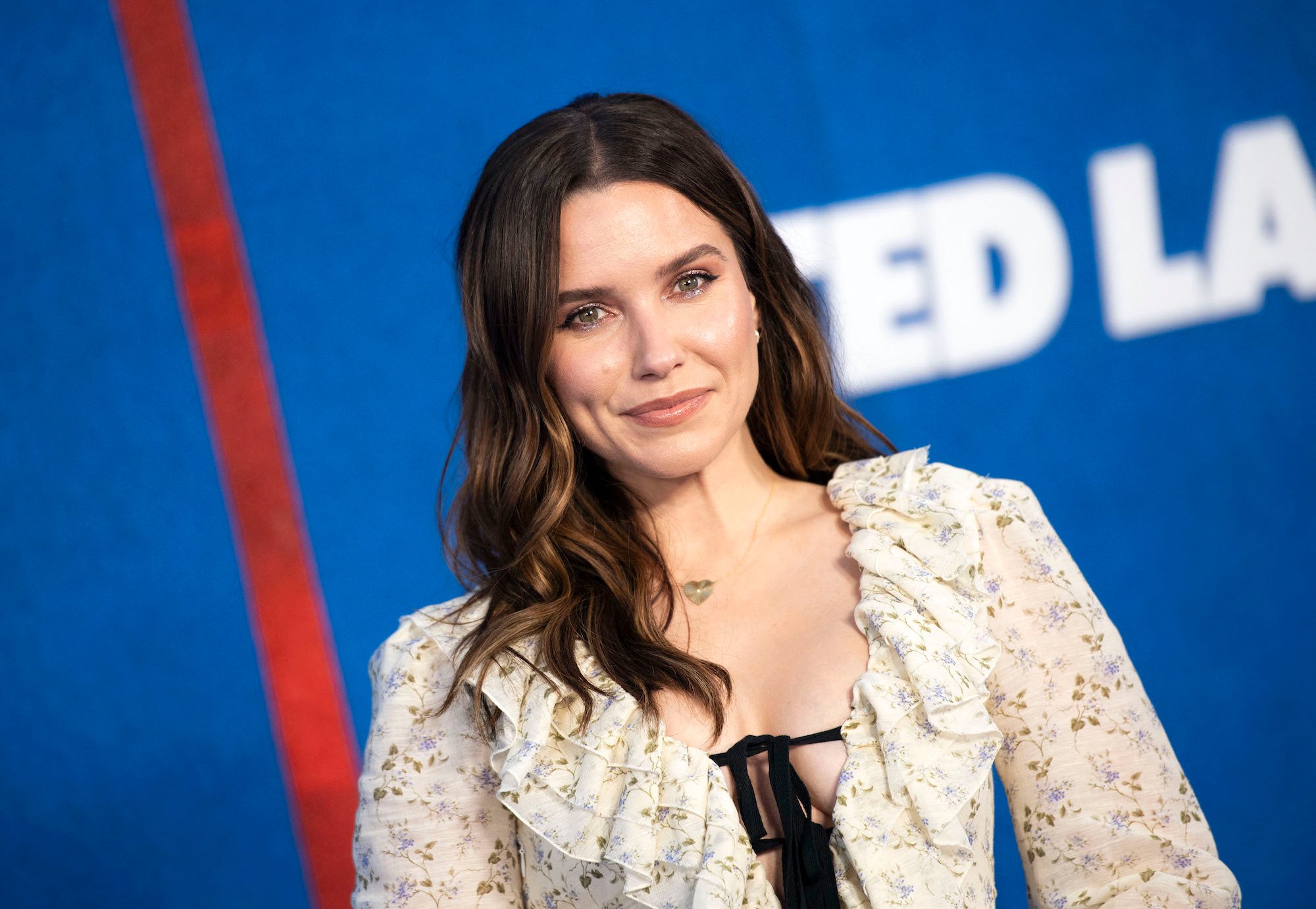 Sophia Bush smiling in front of a blue background