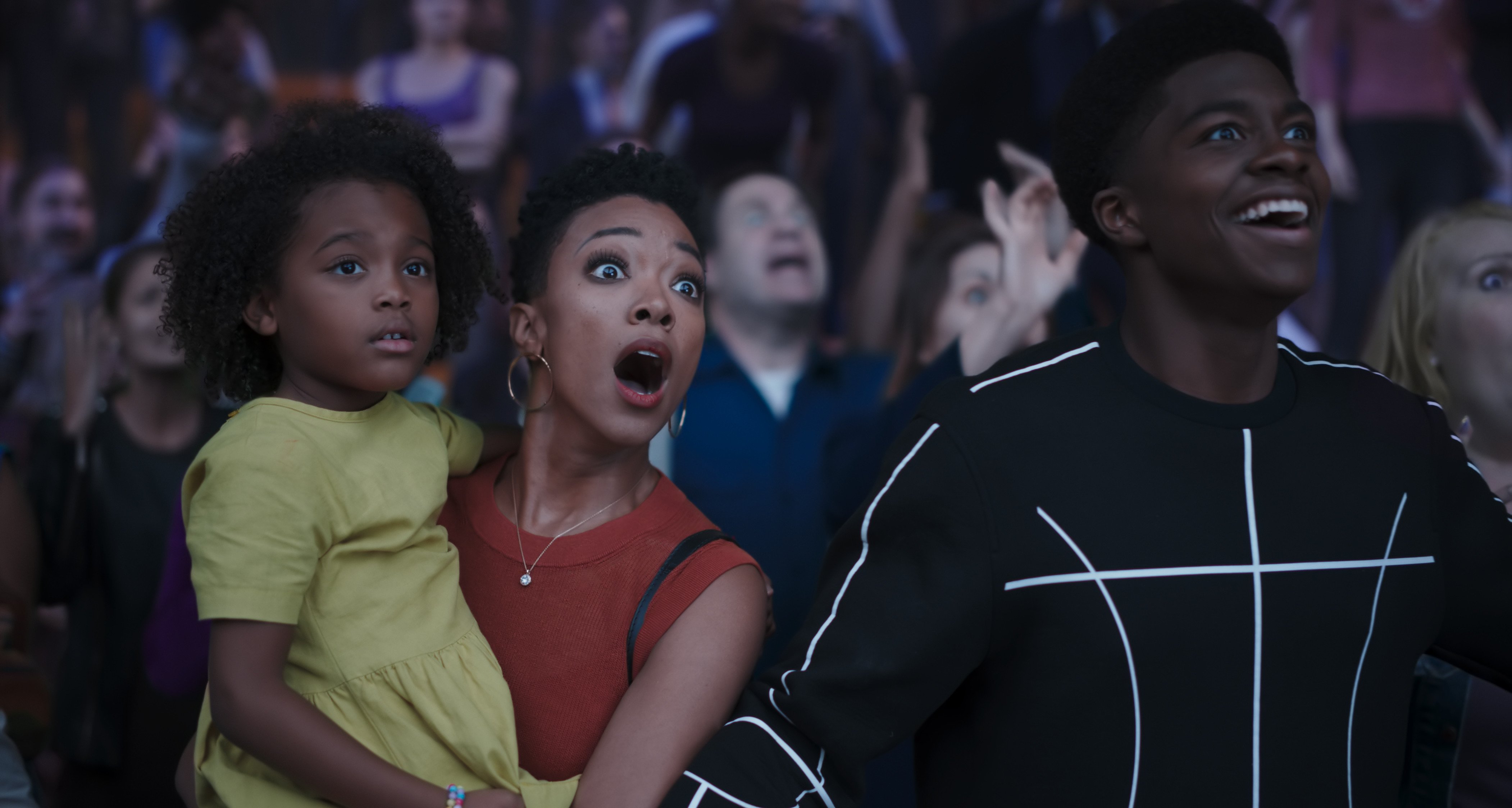 Space Jam: A New Legacy -- Sonequa Martin-Green, Harper Leigh Alexander and Ceyair Wright watch the Looney Tunes play
