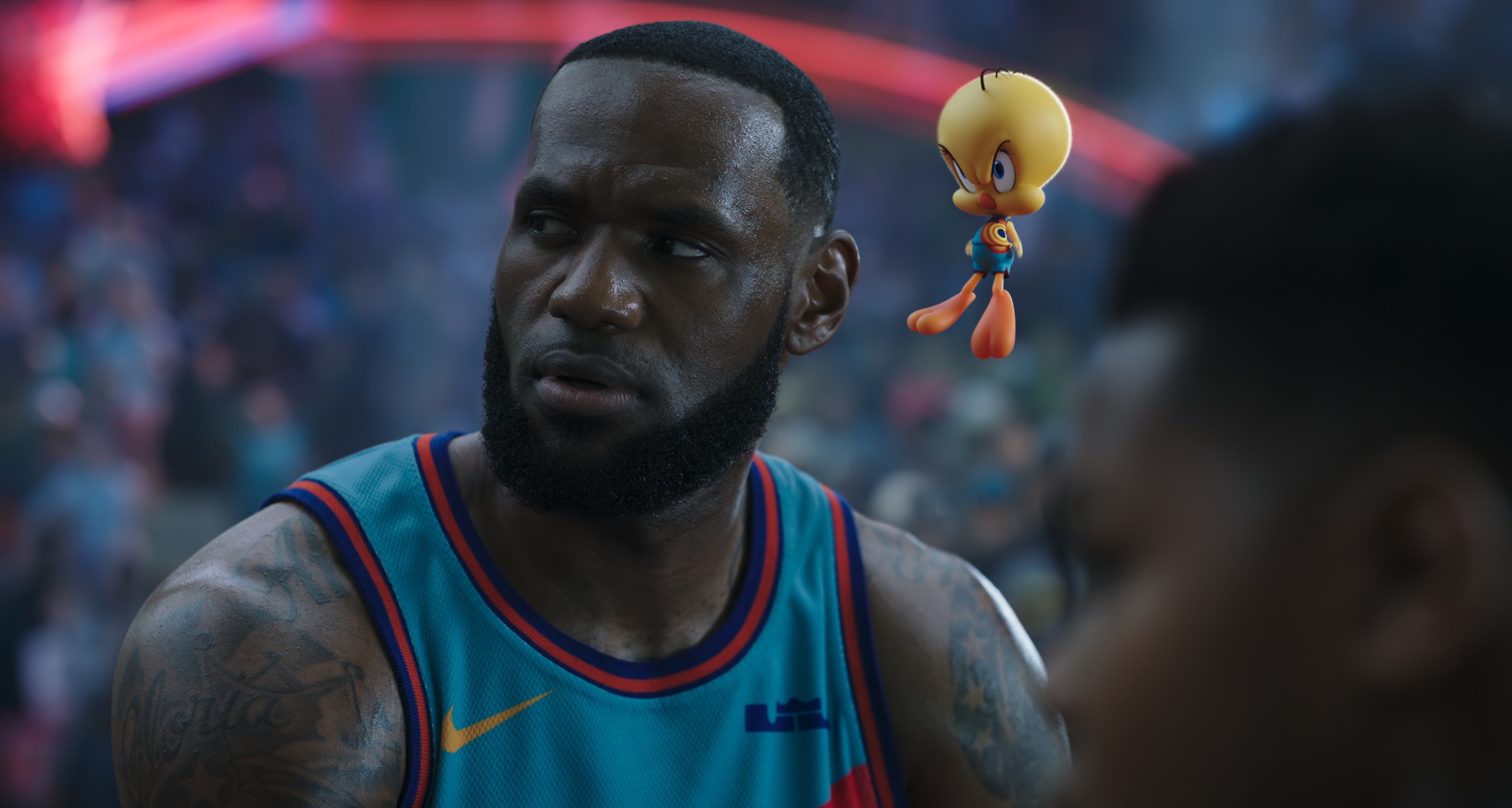 Space Jam: A New Legacy -- LeBron James and Tweety scowl