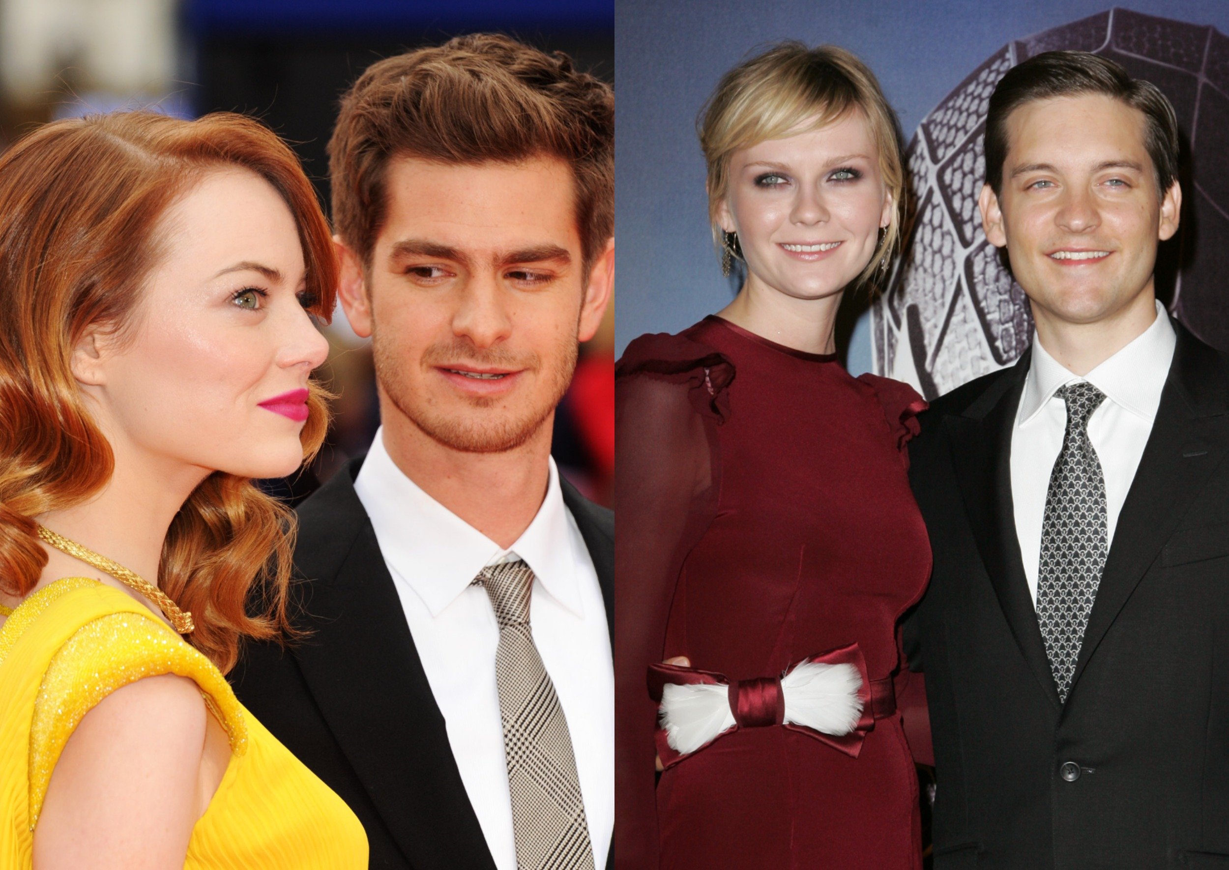 Righthand photo shows Emma Stone and Andrew Garfield in formal attire on the red carpet. Lefthand photo shows Tobey Maguire and Kirsten Dunst in formal wear in front of a 'Spider-Man' wall