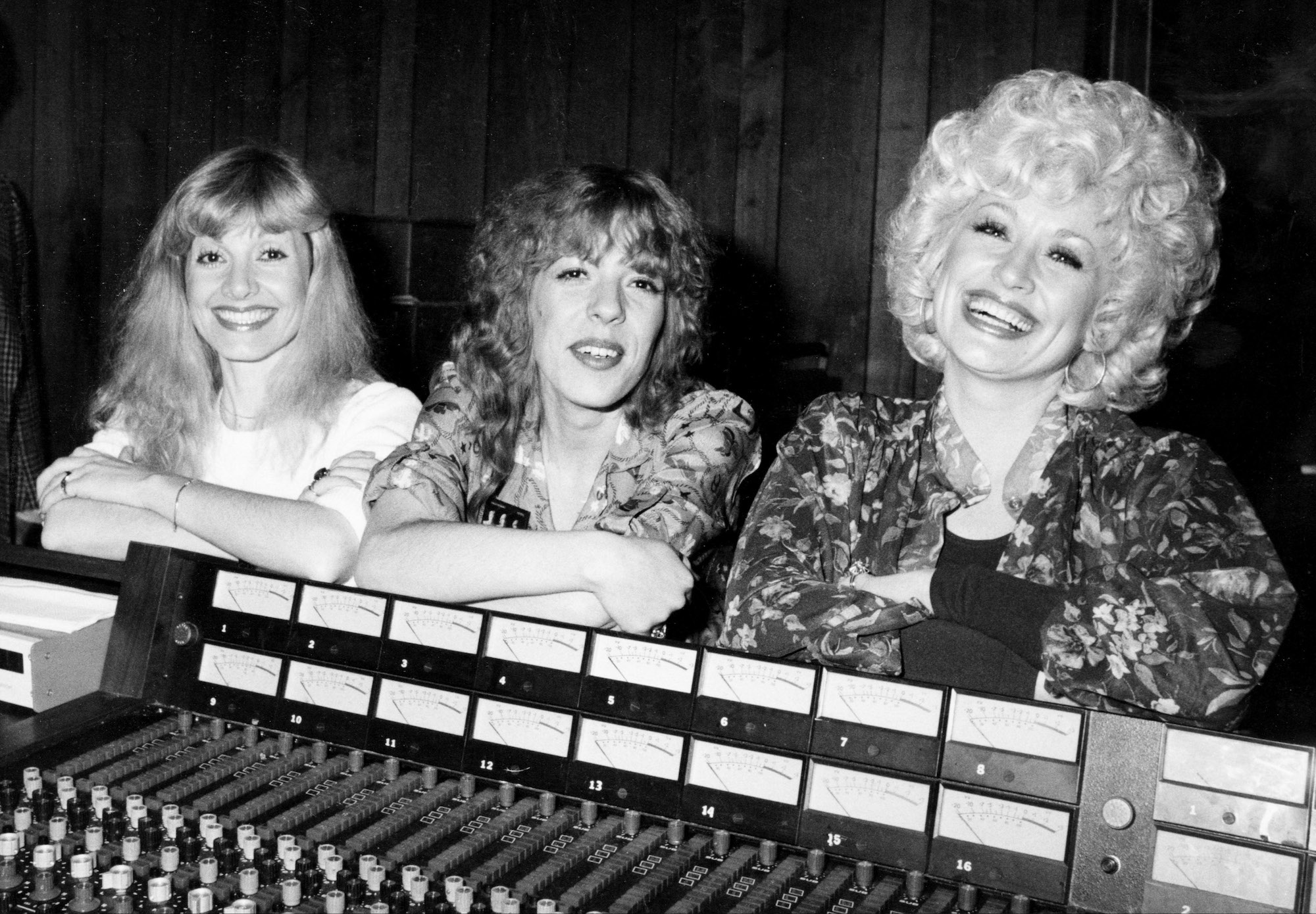 Stella Parton, Freida Parton, and Dolly Parton in a recording studio in 1981