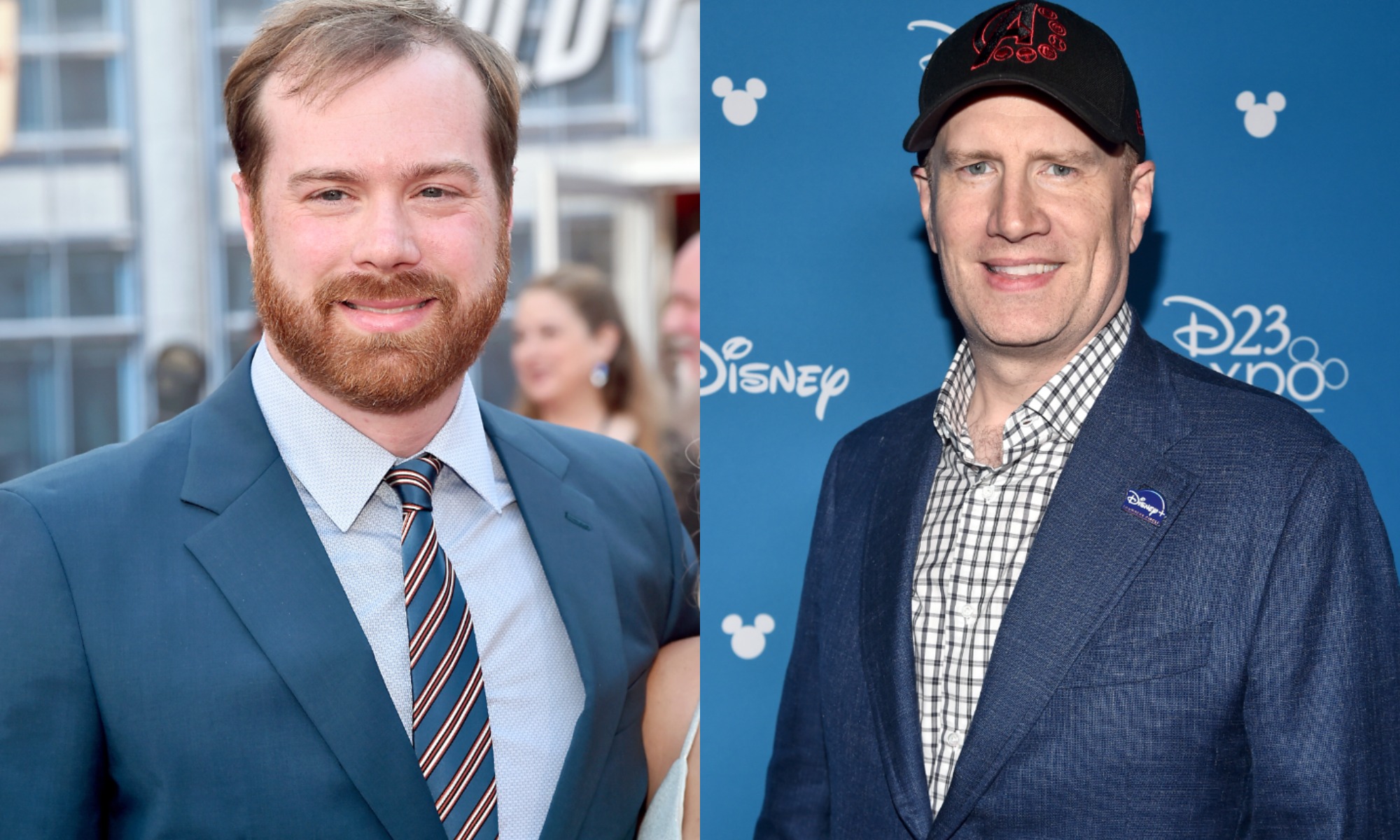 (L-R): Stephen Broussard wearing a blue suit and standing in front of a white and blue building; Kevin Feige wearing a blue suit, checkered shirt and baseball cap and standing in front of a blue Disney+ wall
