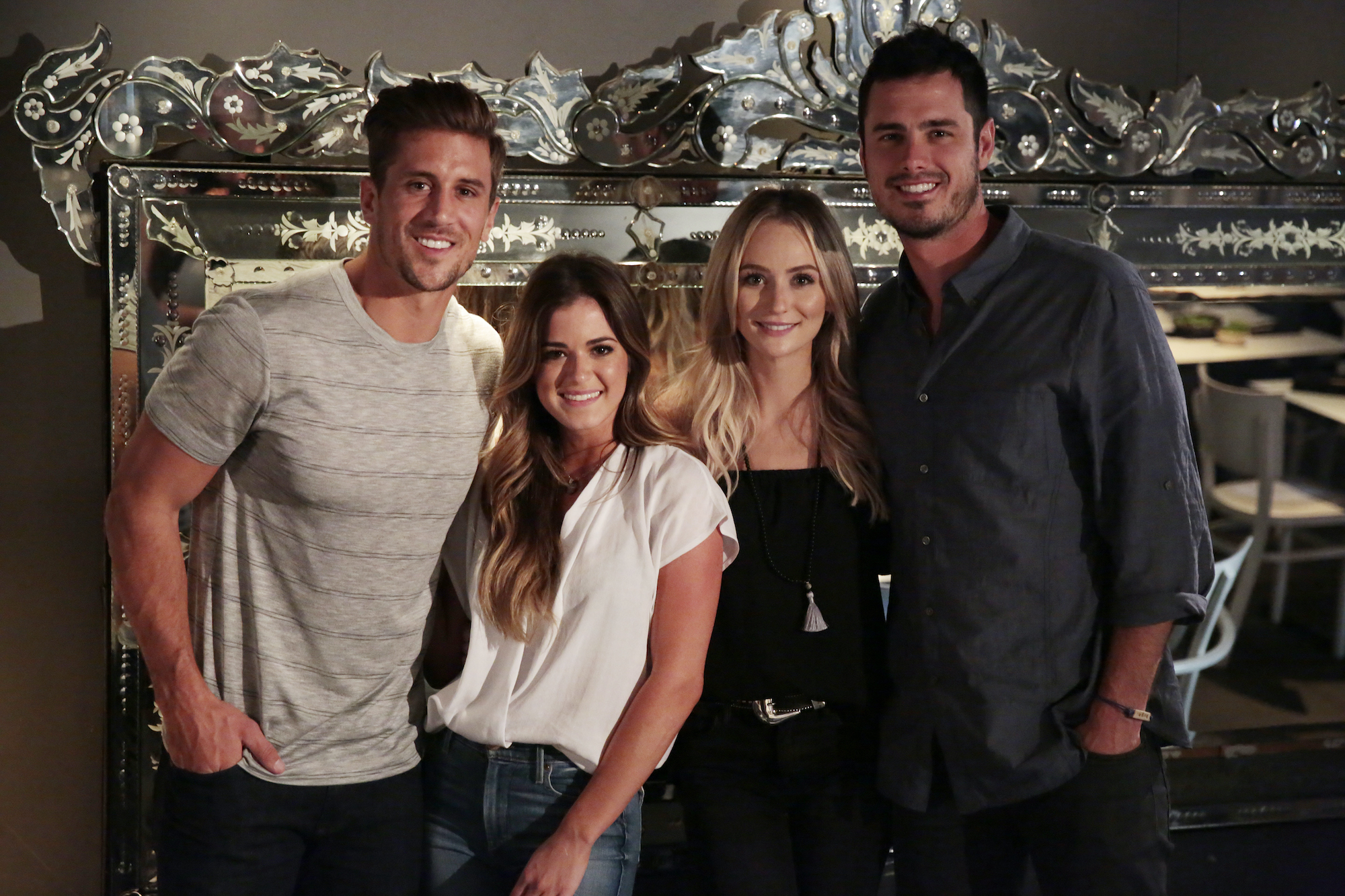 Ben Higgins made fans question is the bachelor not allowed to say 'I love you' after telling both JoJo Fletcher (Center Left) and Lauren Bushnell (Center Right) on his season of 'The Bachelor'