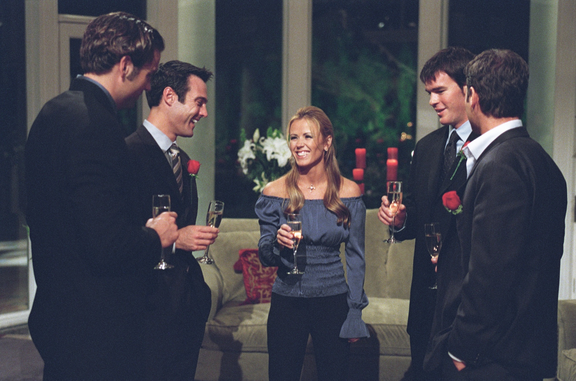 Best of 'The Bachelorette' season 1, Trista with a group of bachelors, drinking champagne