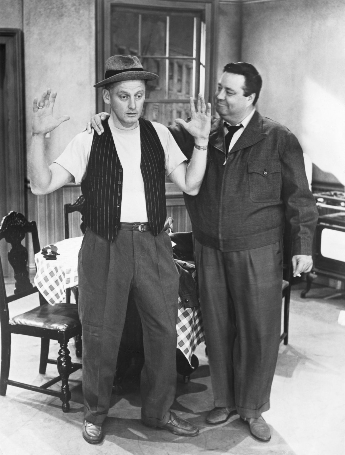 Art Carney and Jackie Gleason in a scene from 'The Honeymooners'