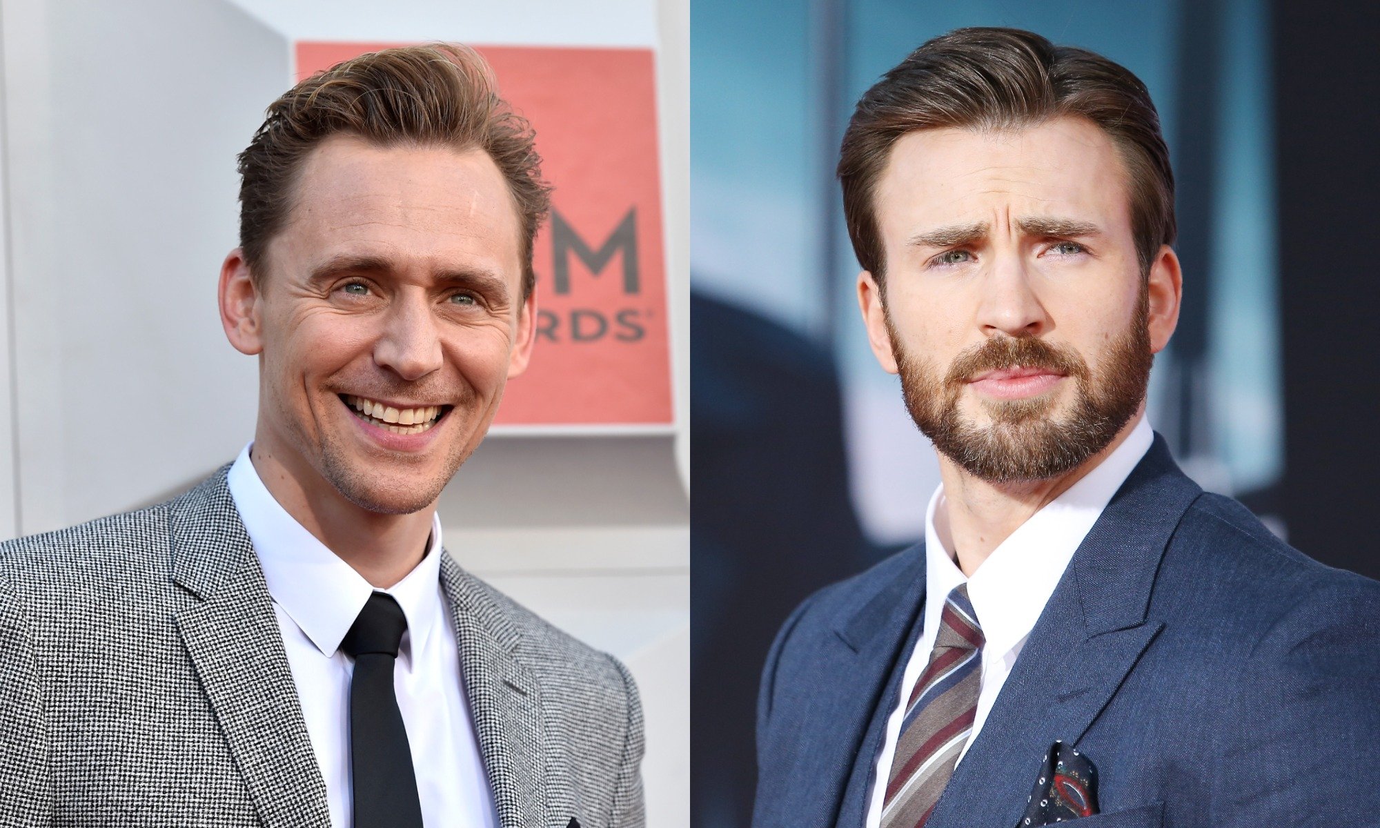 (L-R): Tom Hiddleston wearing a black and white suit and Chris Evans wearing a blue suit