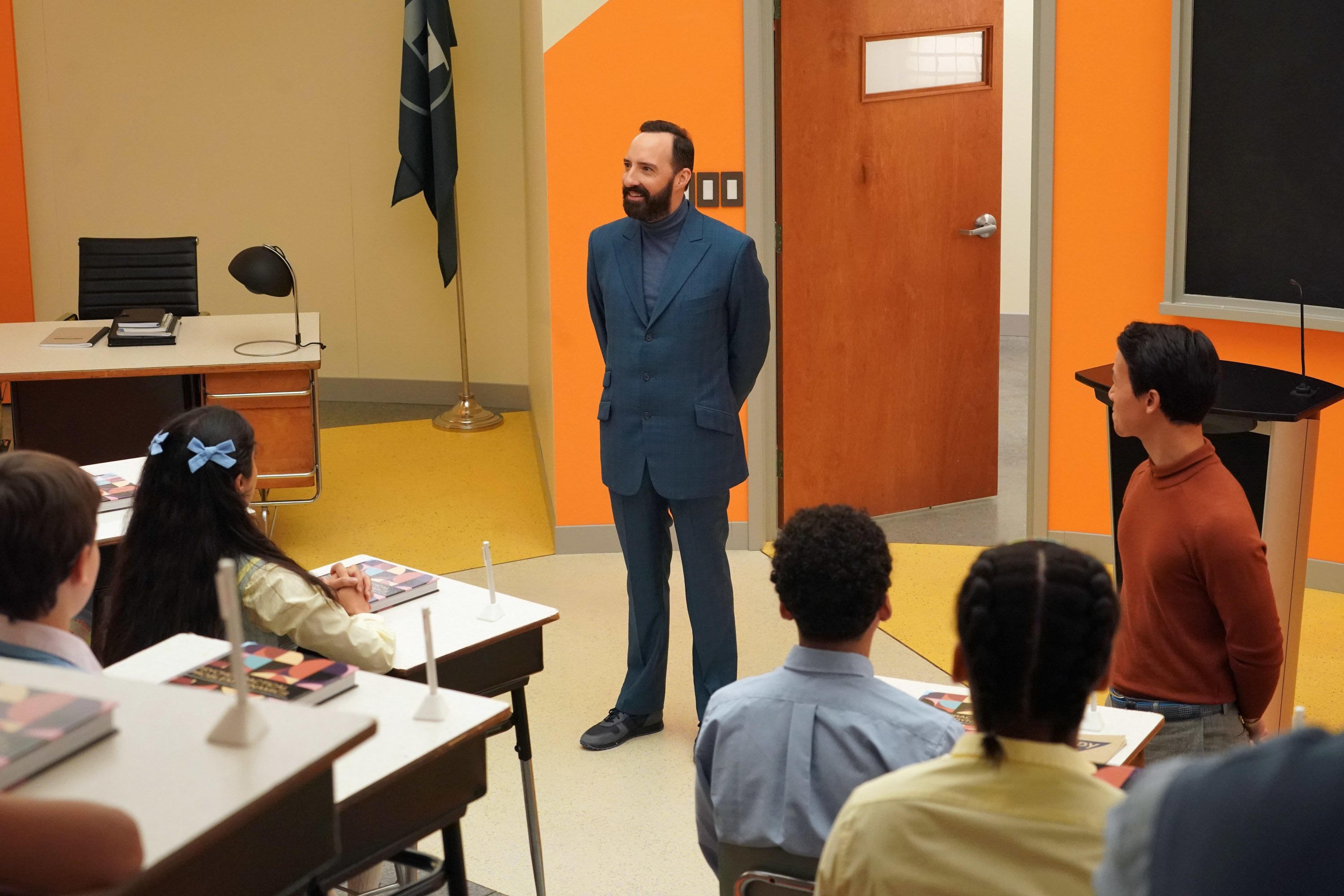 Tony Hale as Mr. Curtain speaks to the class