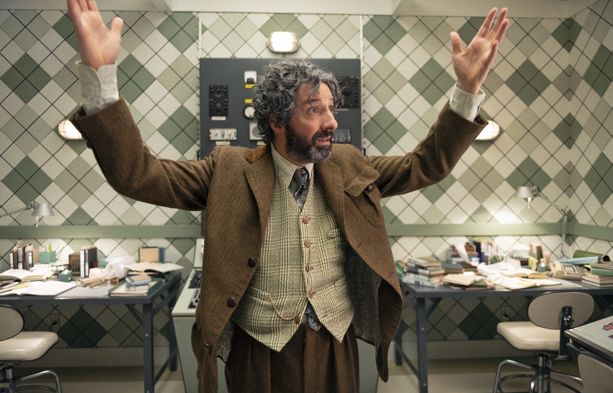 Tony Hale waves his hands as Mr. Benedict