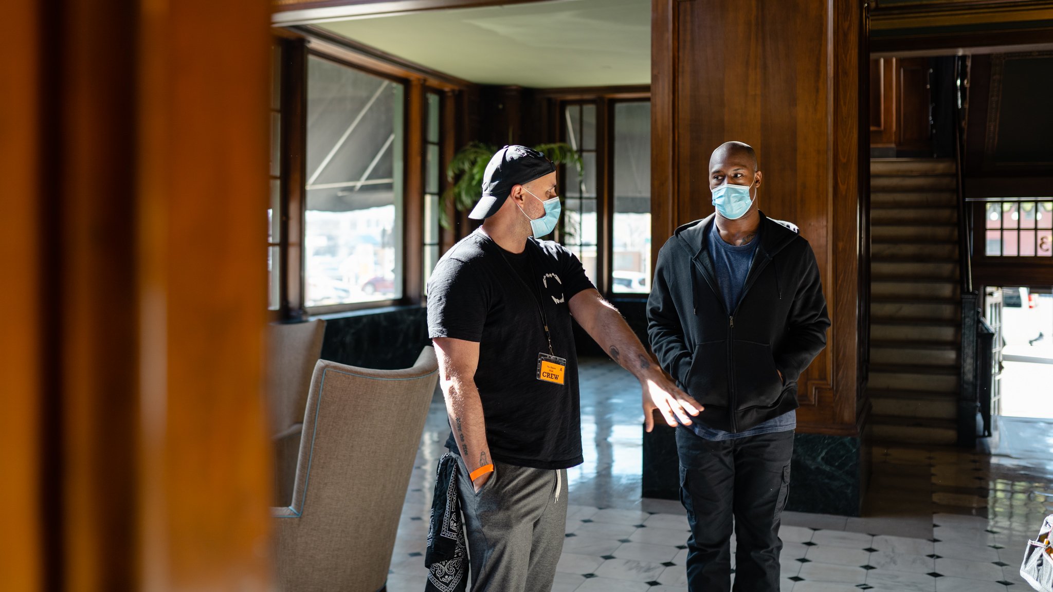Vernon Davis taking direction from Adam Sigal on the set of The Chariot