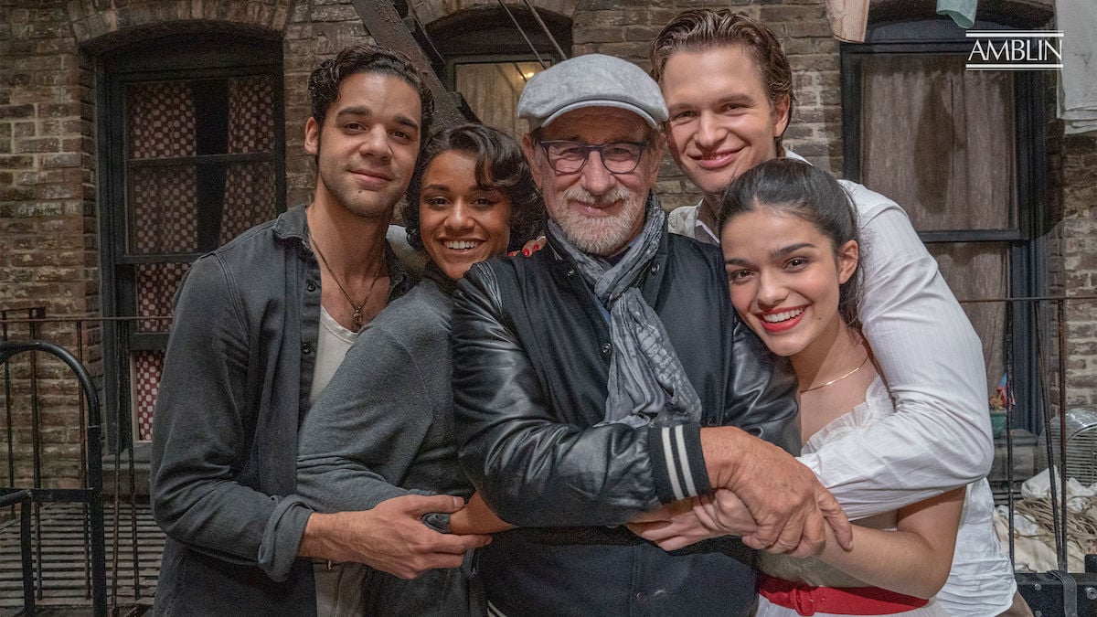 David Alvarez, Ariana DeBose, Steven Spielberg, Ansel Elgort, and Rachel Zegler pose in a ‘West Side Story’ promotional image