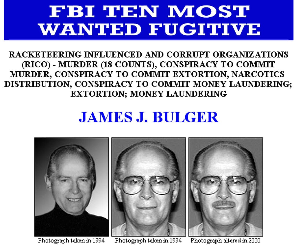 This FBI Ten Most Wanted Fugitive poster shows reputed Boston mobster James 'Whitey' Bulger.