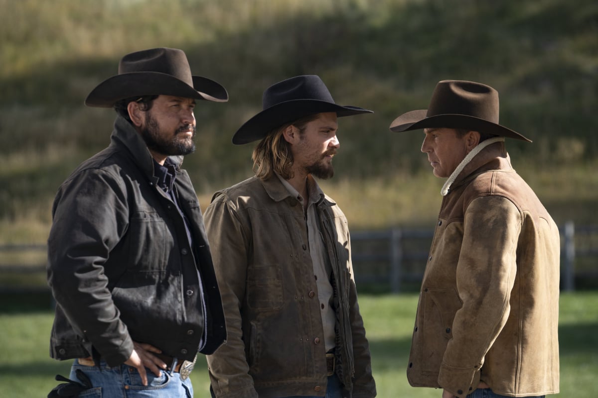 'Yellowstone' stars Cole Hauser (Rip Wheeler), Luke Grimes (Kayce Dutton) and Kevin Costner (John Dutton) in an image from season 3