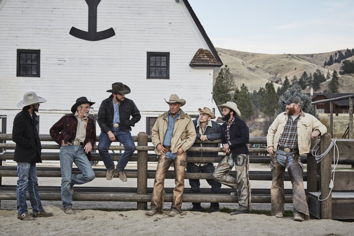 John Dutton (Kevin Costner) and his cowboys in a photo from Paramount Network promoting 'Yellowstone'