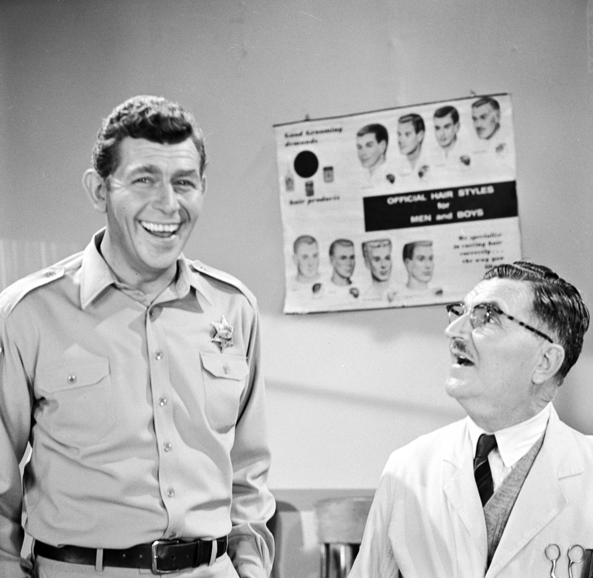 Andy Griffith, left, laughs with 'Floyd the barber' actor Howard McNear in a scene from 'The Andy Griffith Show'
