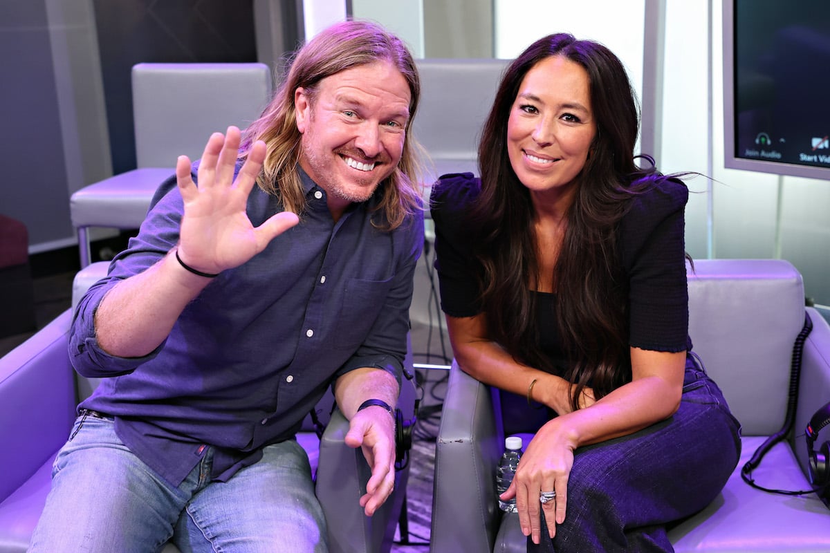 Chip waving and Joanna Gaines smiling at the SiriusXM Studios