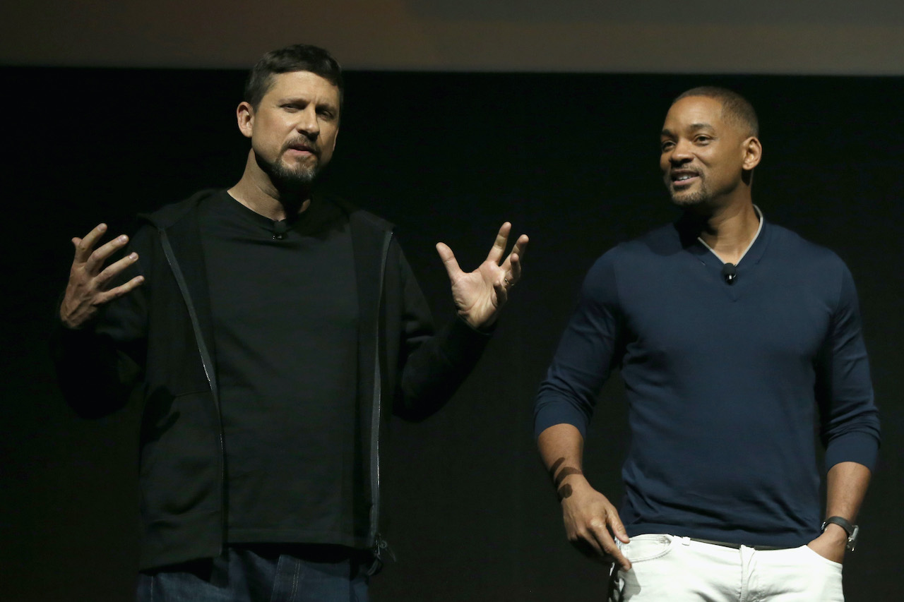 David Ayer on stage at CinemaCon 2016 with Will Smith to promote 'Suicide Squad'