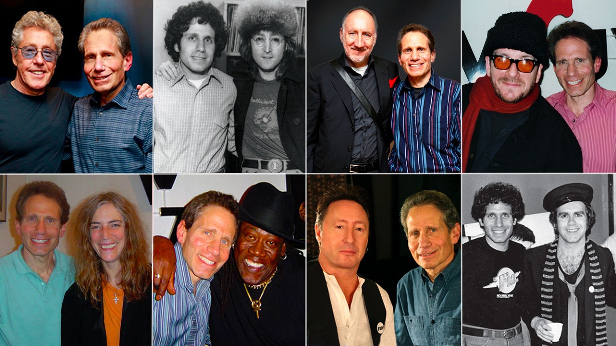 Collage of Dennis Elsas posed with rock stars, including John Lennon and Pete Townshend, over the years
