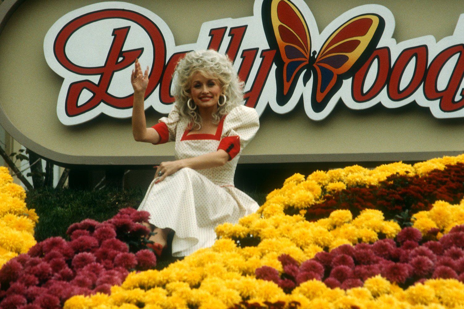 Dolly Parton in front of a Dollywood sign with red and yellow flowers surrounding her