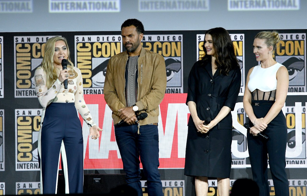 Florence Pugh, O. T. Fagbenle, Rachel Weisz and Scarlett Johansson speak at the Marvel Studios Panel during 2019 Comic-Con International