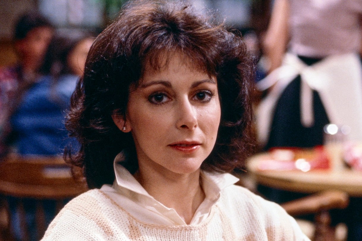 Closeup of Toni Kalem staring into the camera on the set of TV pilot 'Tough Cookies,' 1986
