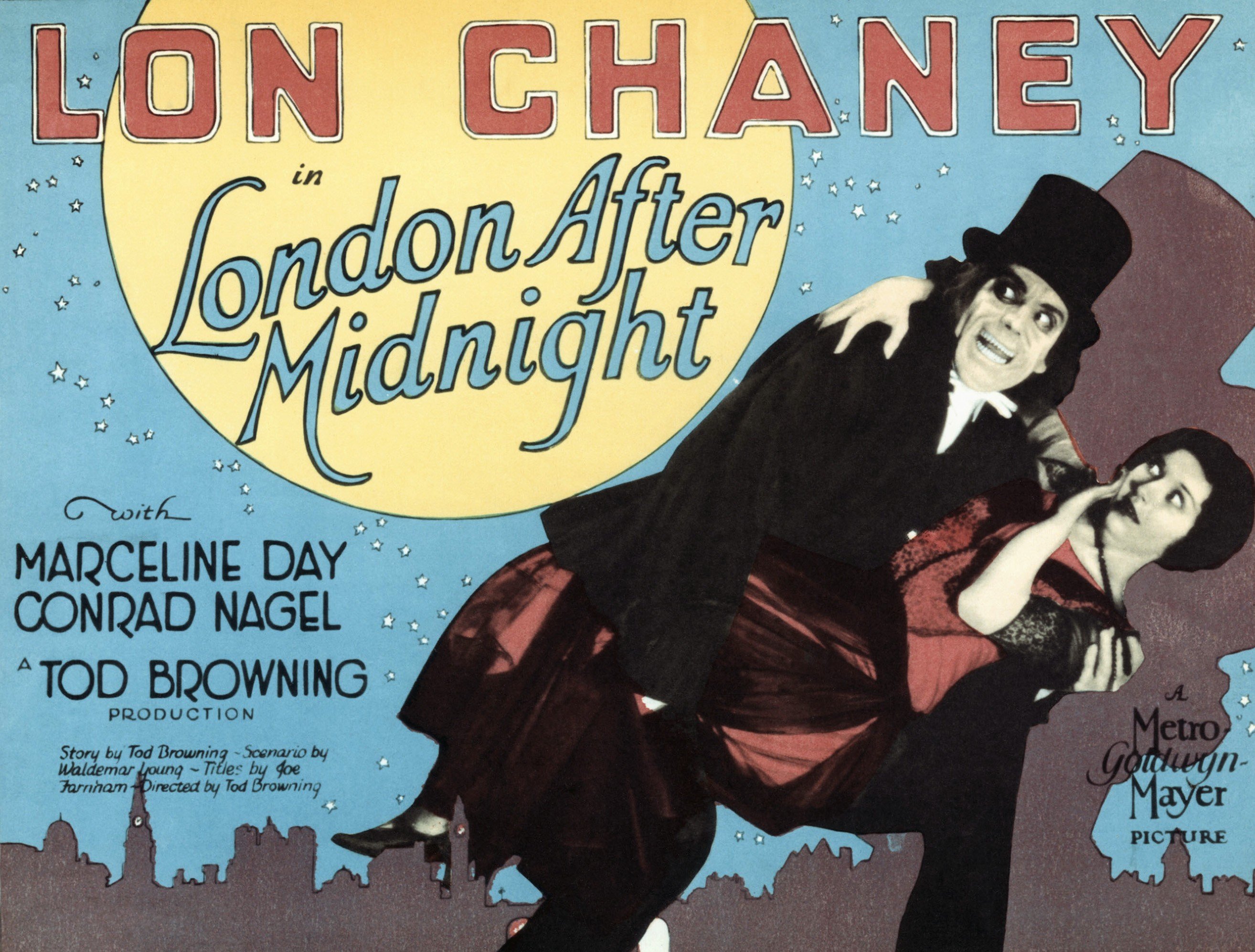 The Man With the Beaver Hat holding a woman on a lobby card for 'London After Midnight'