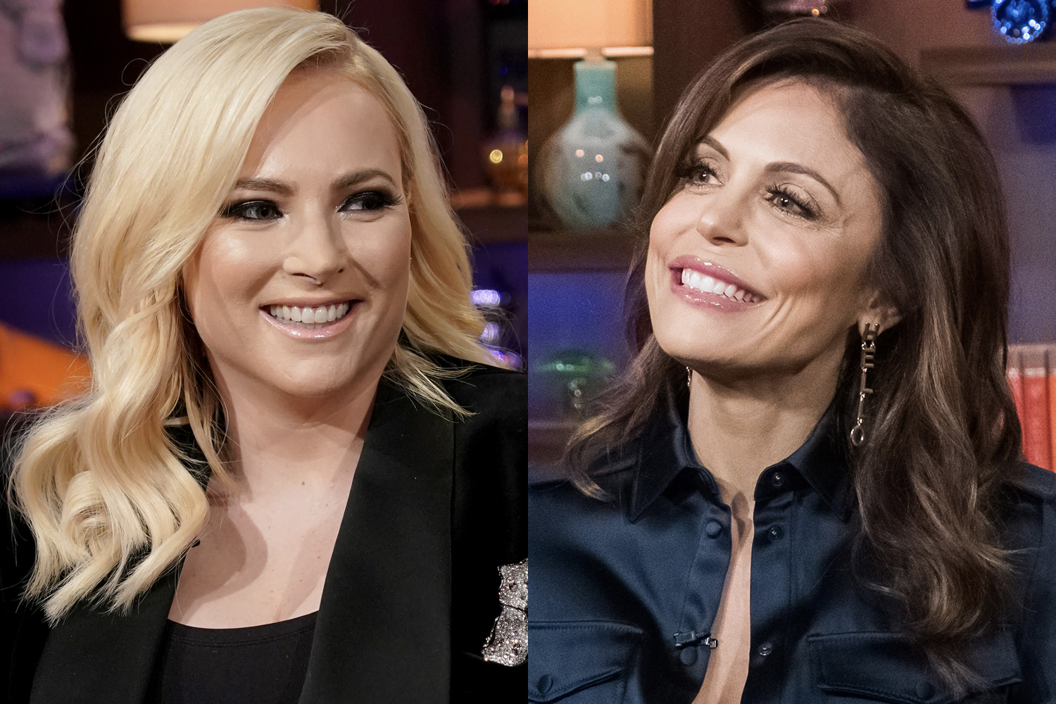 Meghan McCain smiling and Bethenny Frankel smiling while as a guest on 'Watch What Happens Live'