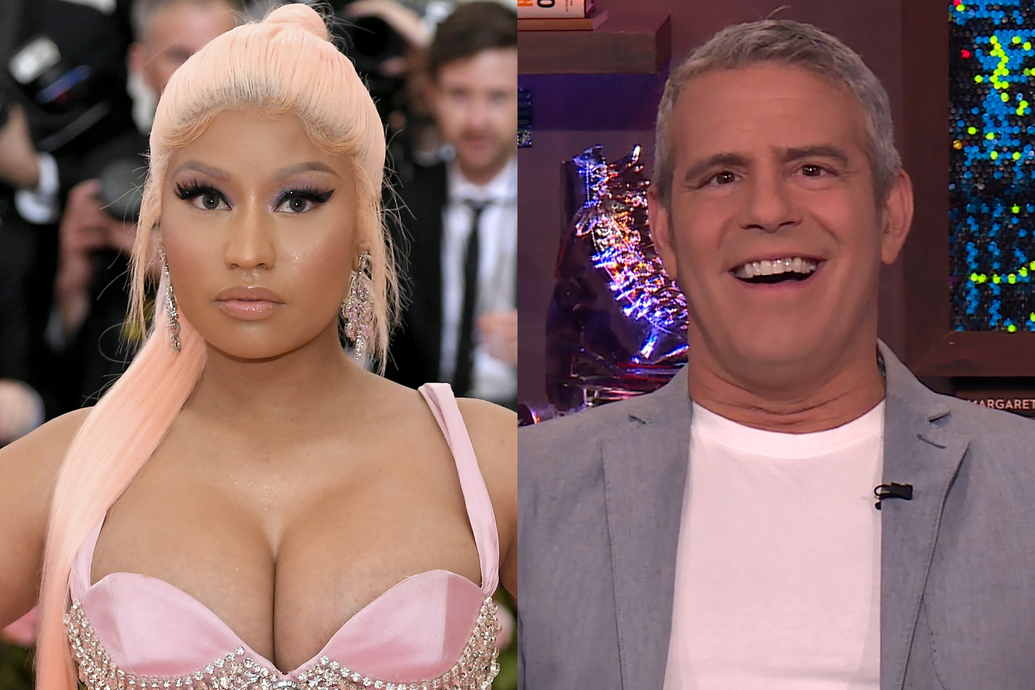 Nicki Minaj posing and Andy Cohen smiling