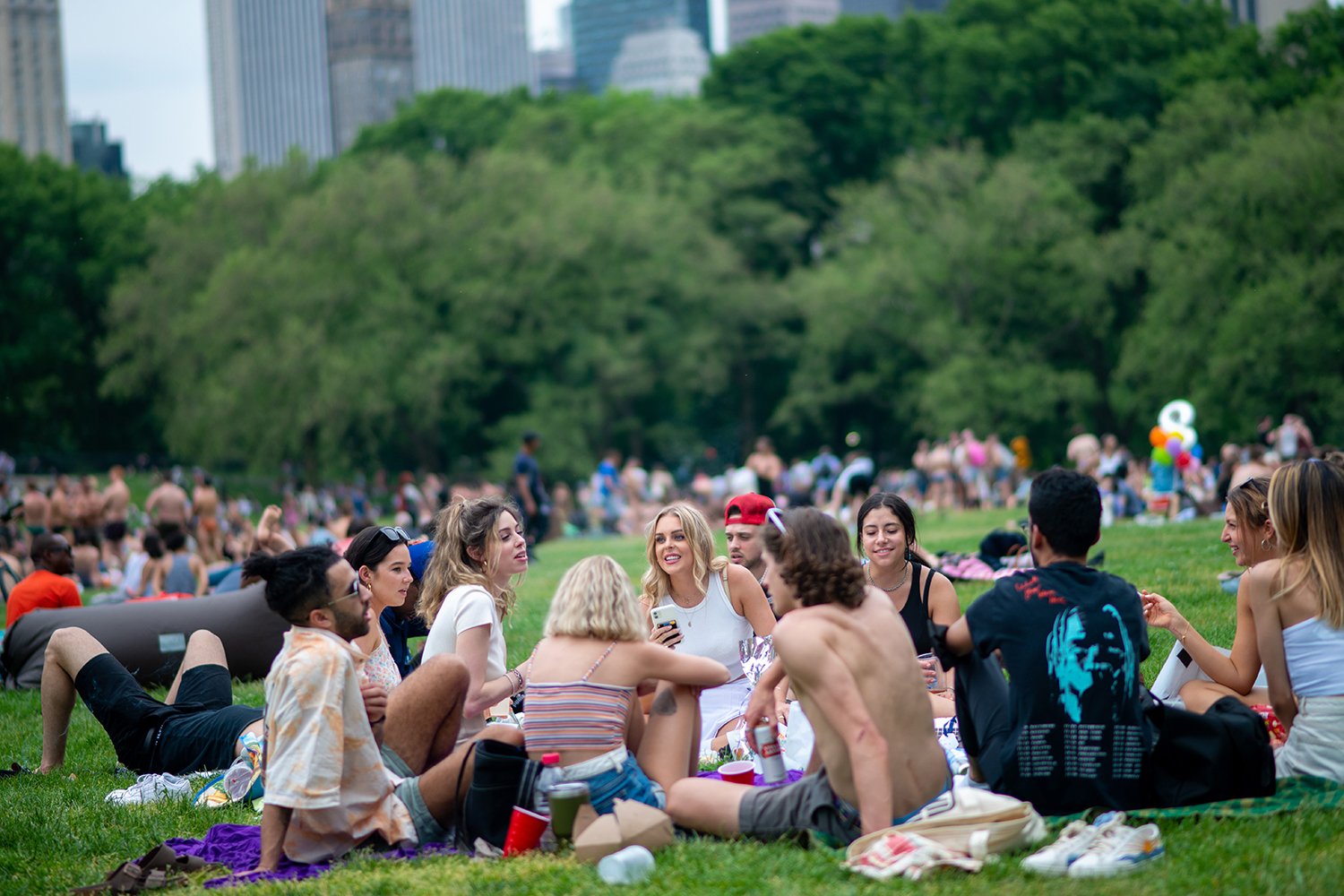 Groups of people gather together at Sheep Meadow in Central Park in May 2021