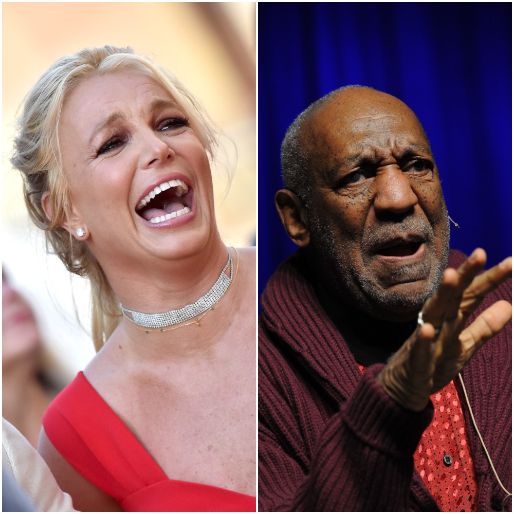 Britney Spears laughing in 2019 and Bill Cosby performing stand up comedy in 2013