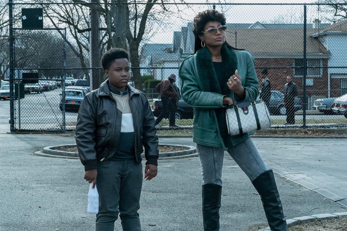 Joshua Maurice Johnson as Young Kanan and Patina Miller as Raquel Thomas stand in the park for a scene in the '90s set 'Power Book III: Raising Kanan' 