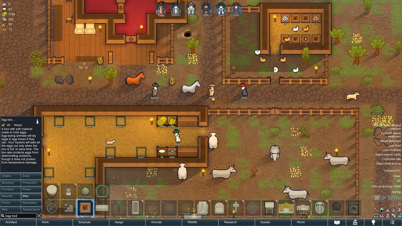 A screenshot of the Rimworld 1.3 update, which includes new ways of managing animals.