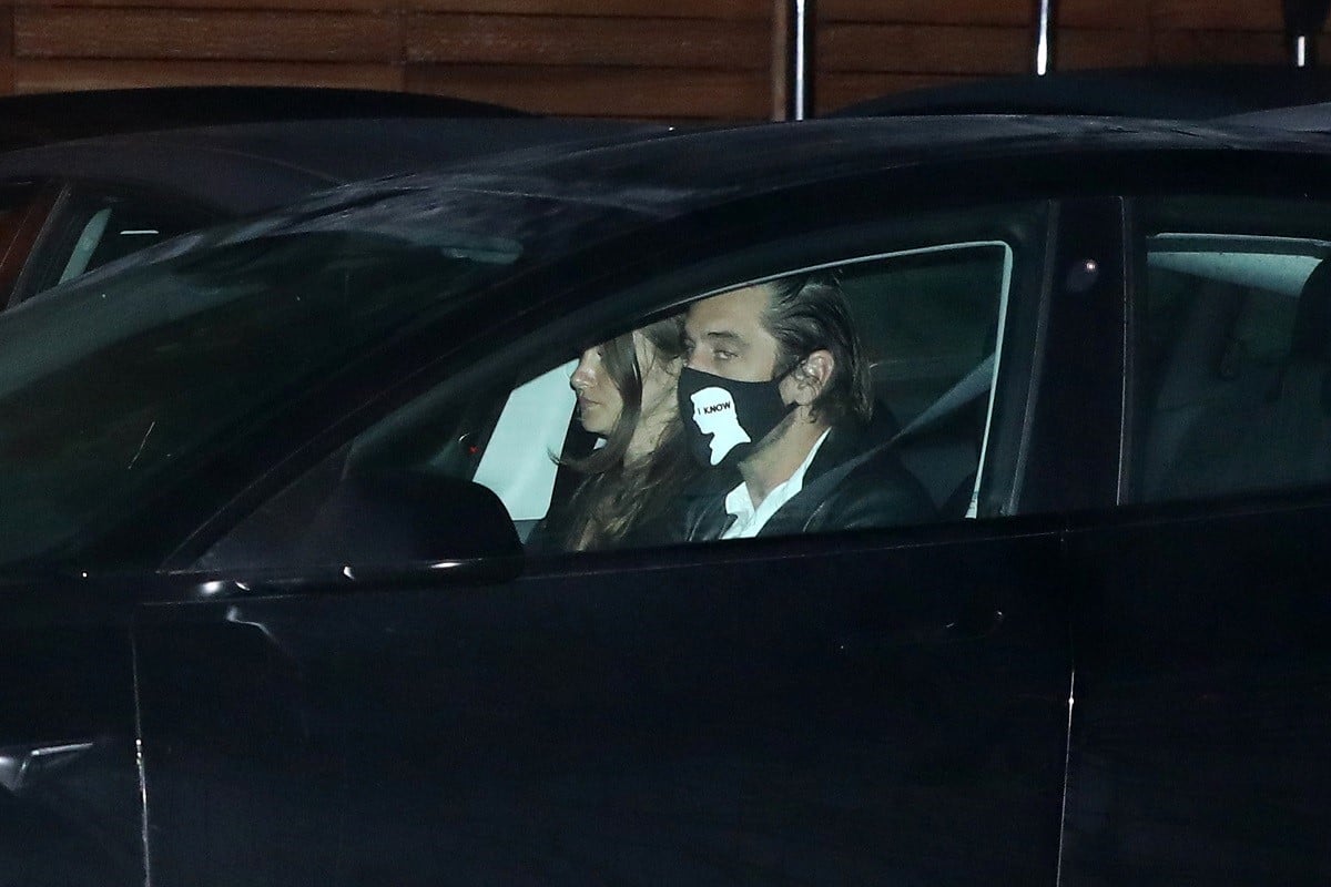 Aaron Rodgers (R) and Shailene Woodley seen leaving Nobu on May 7, 2021, in Malibu, California.