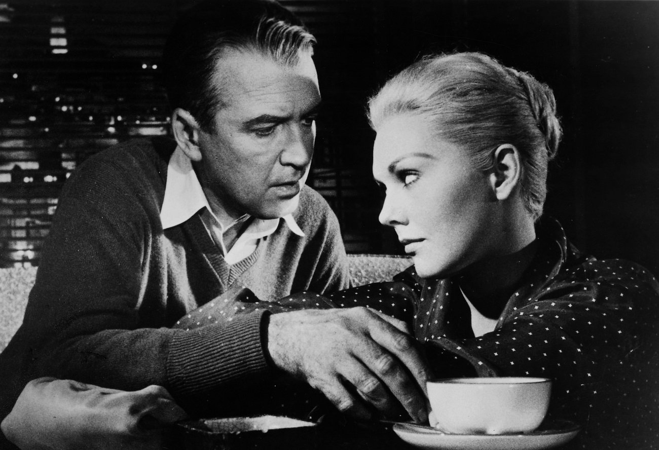 James Stewart as Det. John 'Scottie' Ferguson and Kim Novak as Madeleine Elster/Judy Barton in the Alfred Hitchcock thriller 'Vertigo,' 1958  