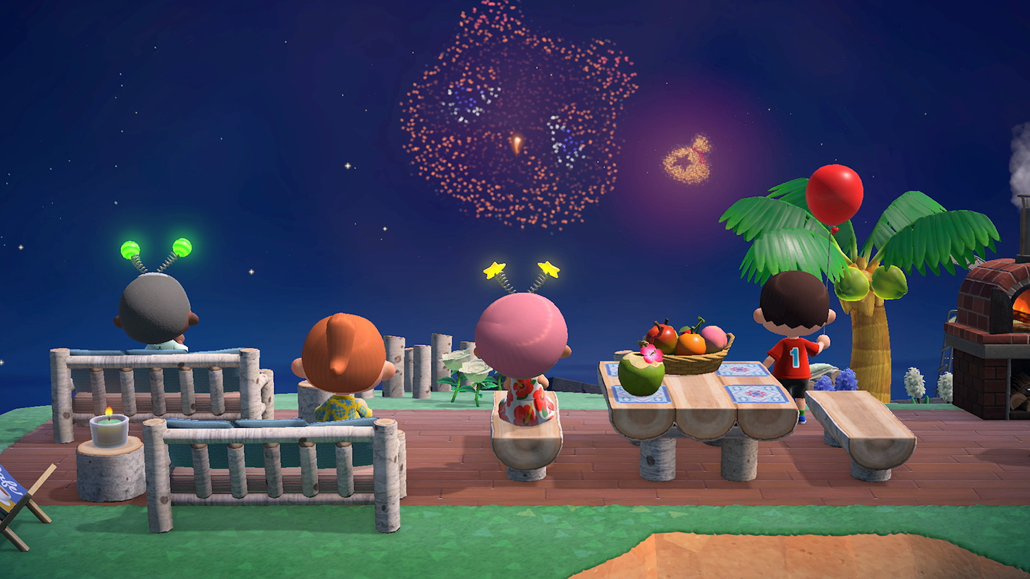 Animal Crossing: New Horizons players watch fireworks in the summer 2020 update